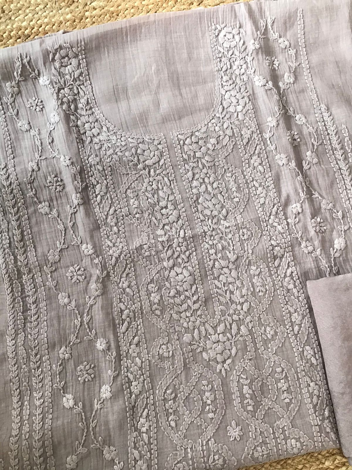 Pure Mul Chanderi Embroidered Suit - Greyish Beige