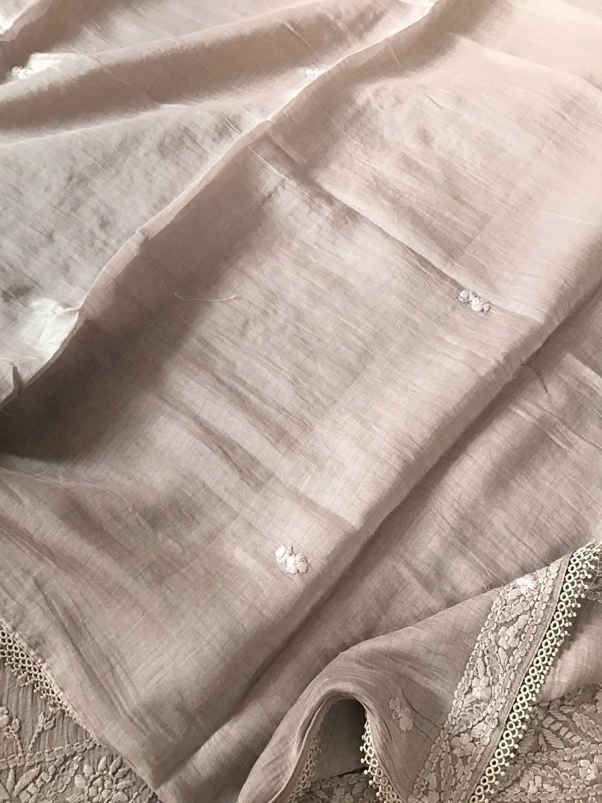 Pure Mul Chanderi Embroidered Suit - Greyish Beige