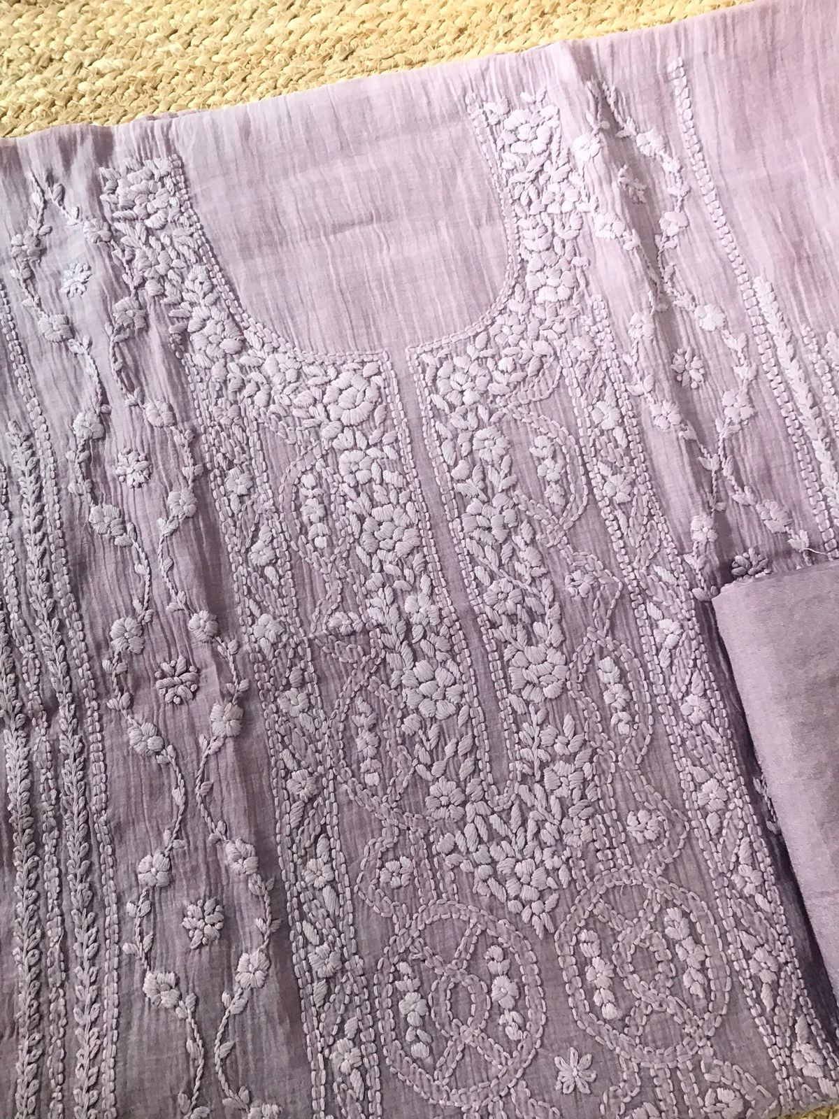 Pure Mul Chanderi Embroidered Suit - Lavender