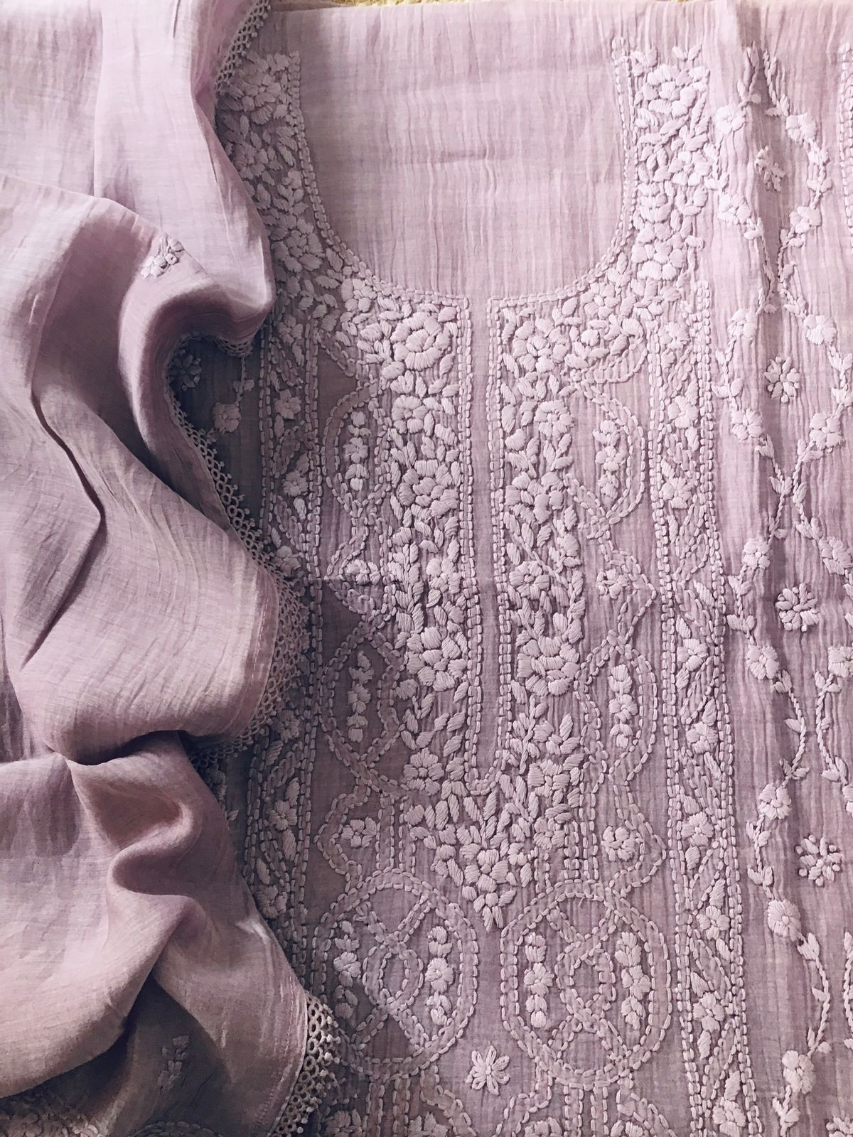 Pure Mul Chanderi Embroidered Suit - Lavender