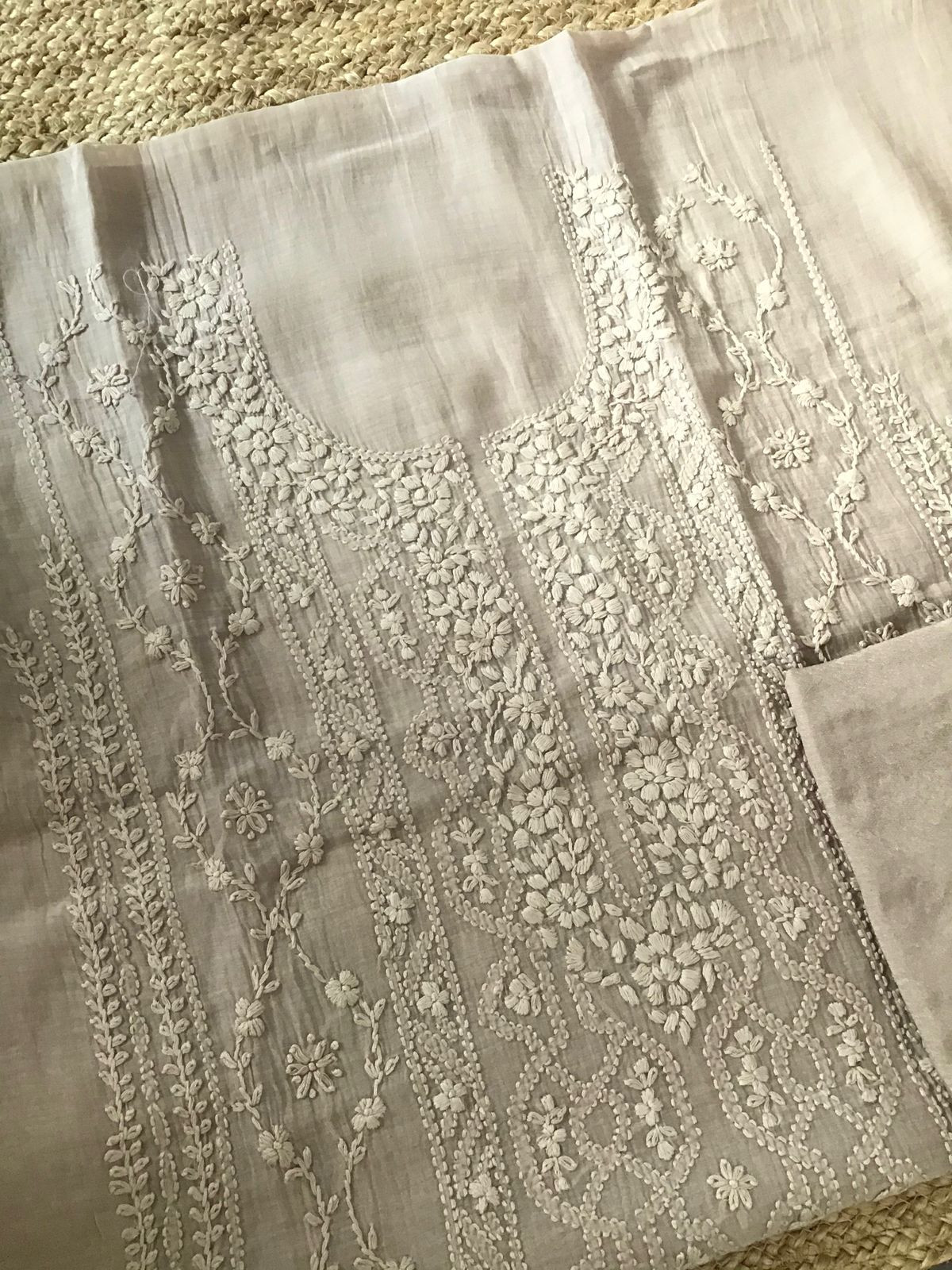 Pure Mul Chanderi Embroidered Suit - Beige