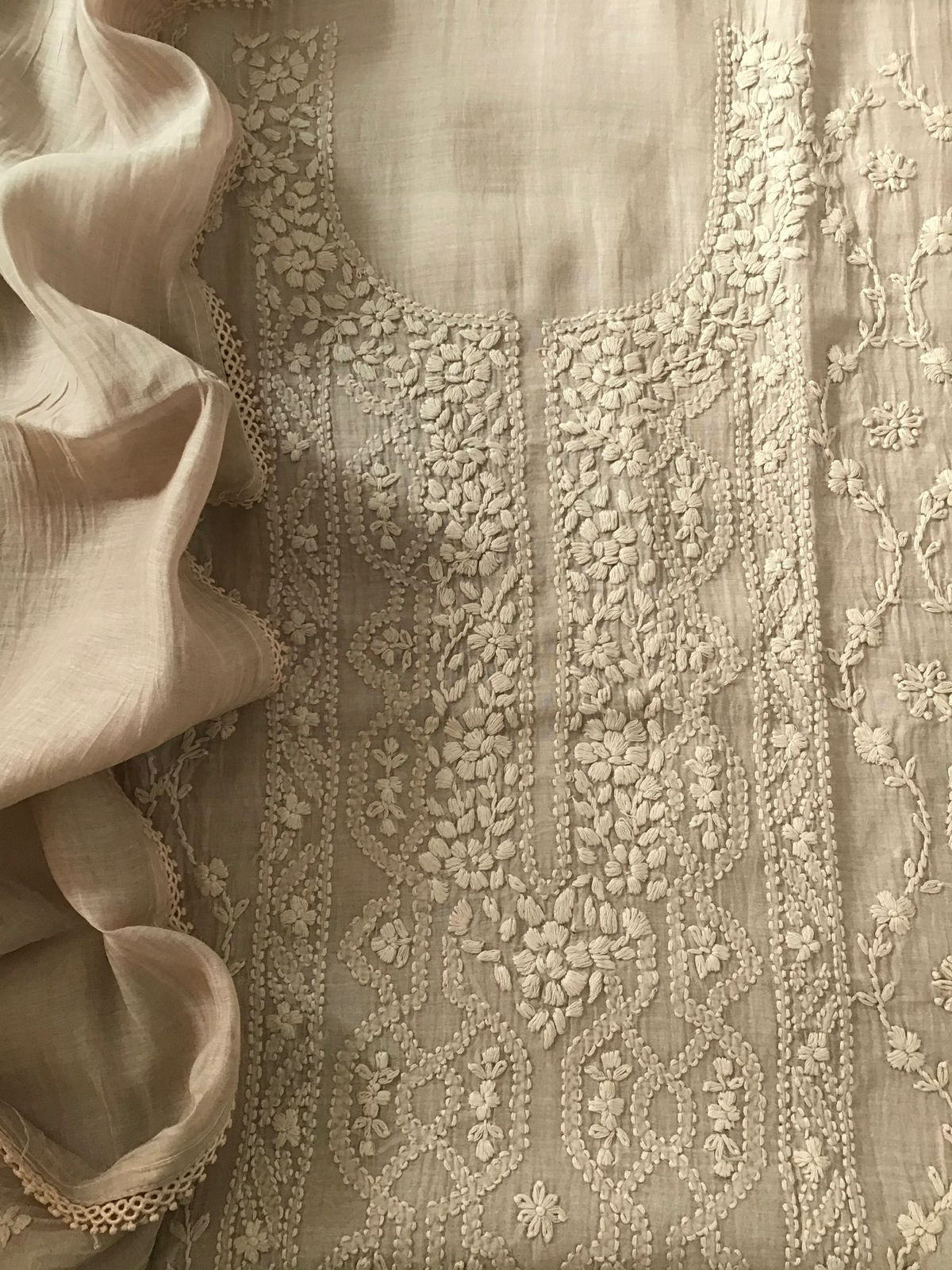 Pure Mul Chanderi Embroidered Suit - Beige