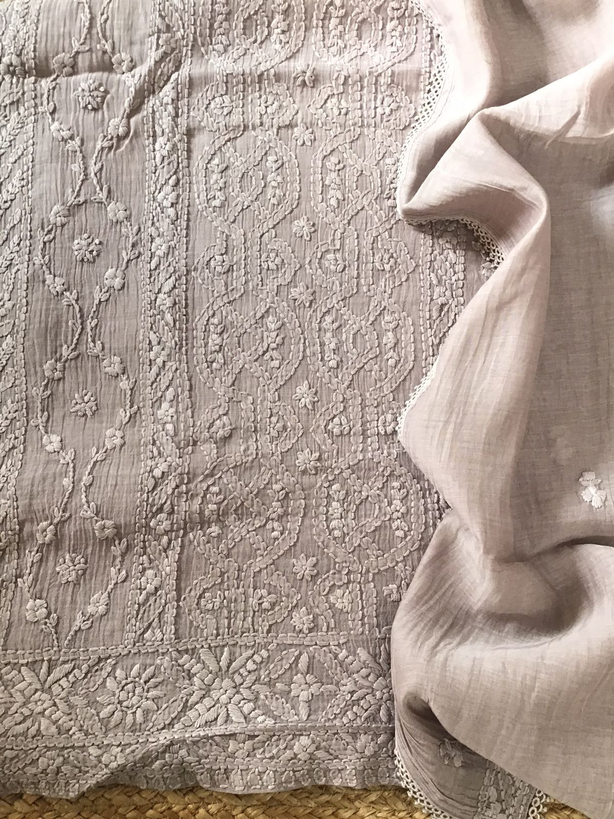 Pure Mul Chanderi Embroidered Suit - Greyish Beige