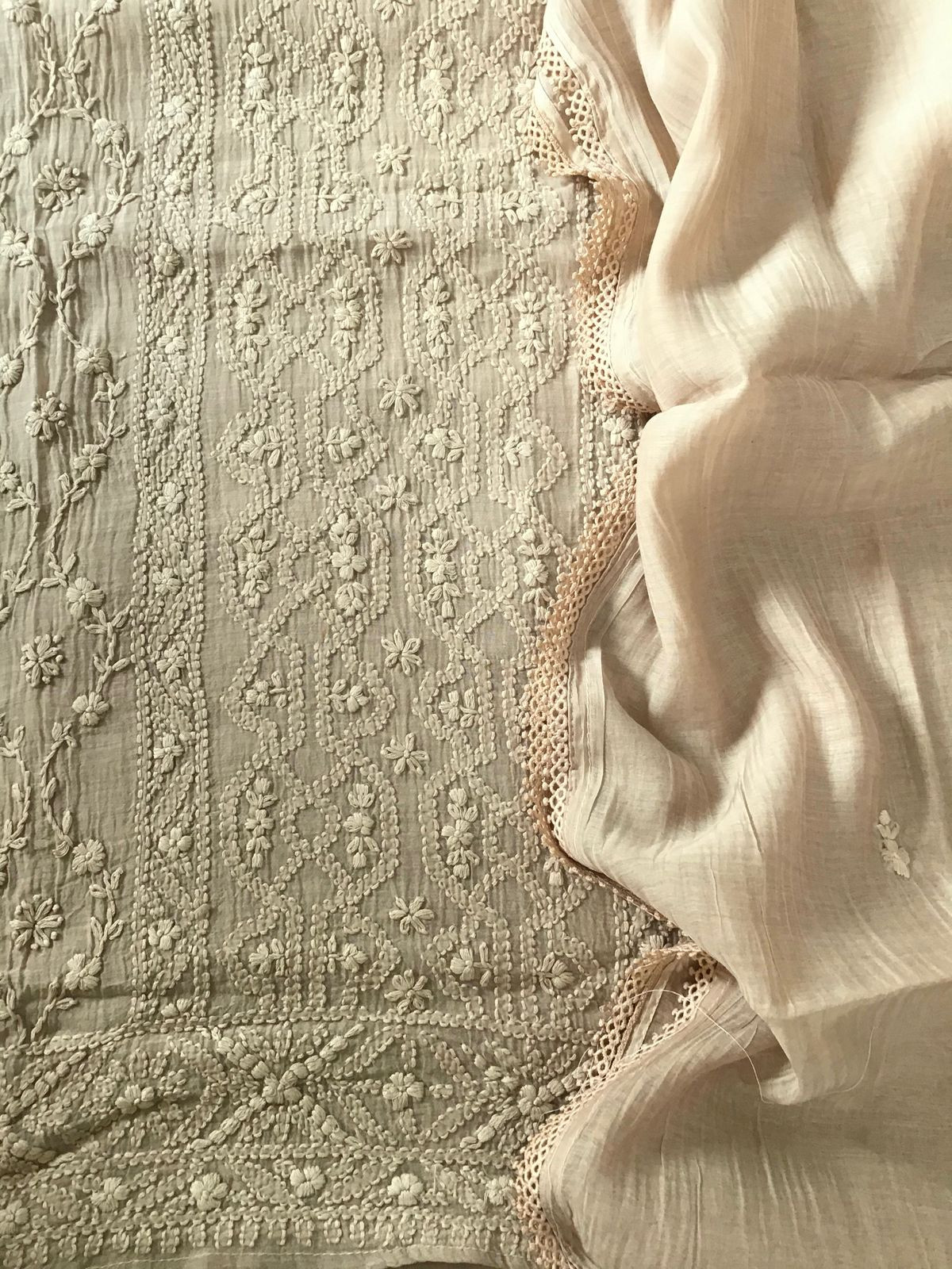 Pure Mul Chanderi Embroidered Suit - Beige