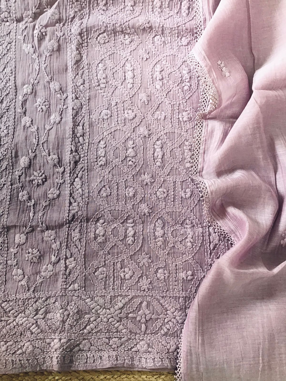 Pure Mul Chanderi Embroidered Suit - Lavender
