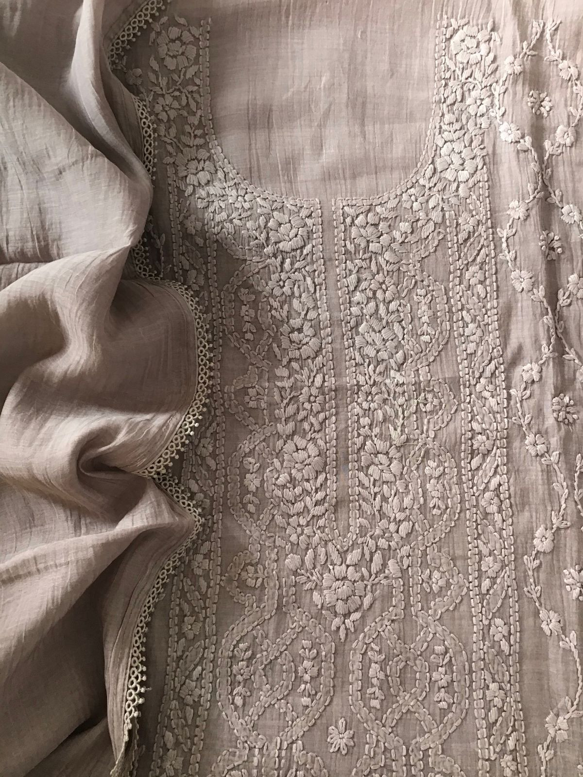 Pure Mul Chanderi Embroidered Suit - Greyish Beige