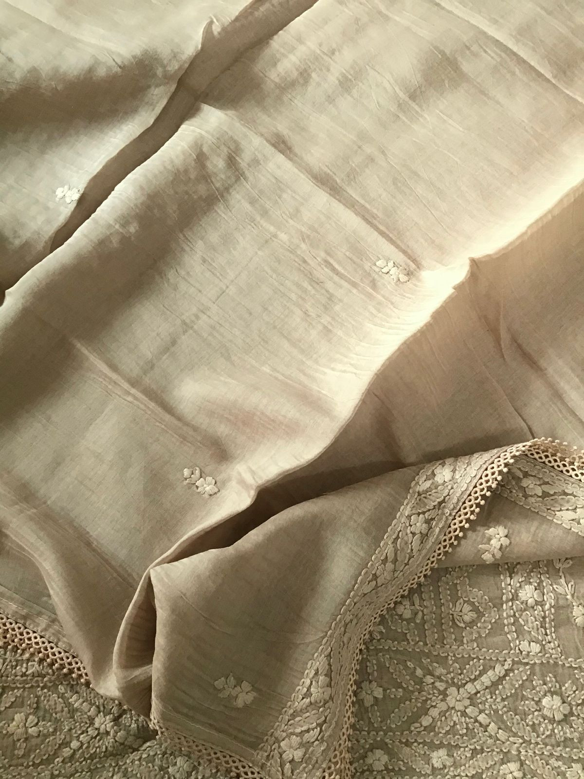 Pure Mul Chanderi Embroidered Suit - Beige