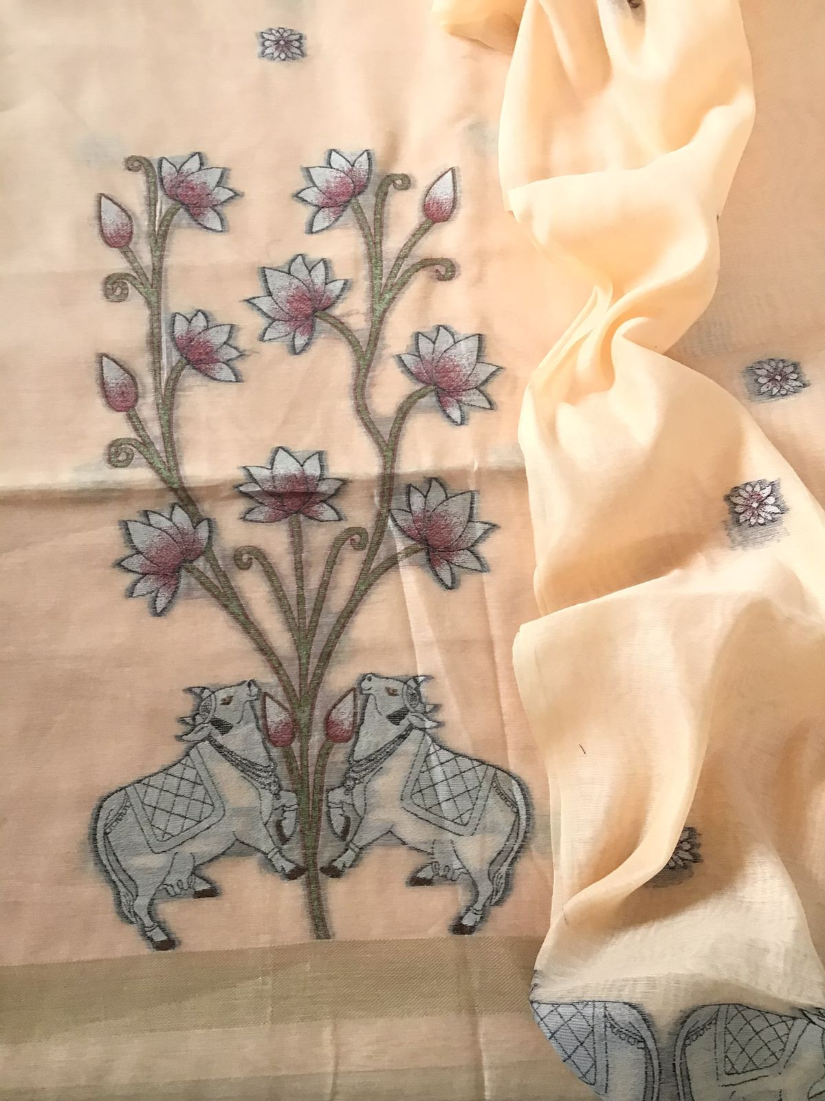 Soft Slub Chanderi - Jamdani Weaved Suit - Peach