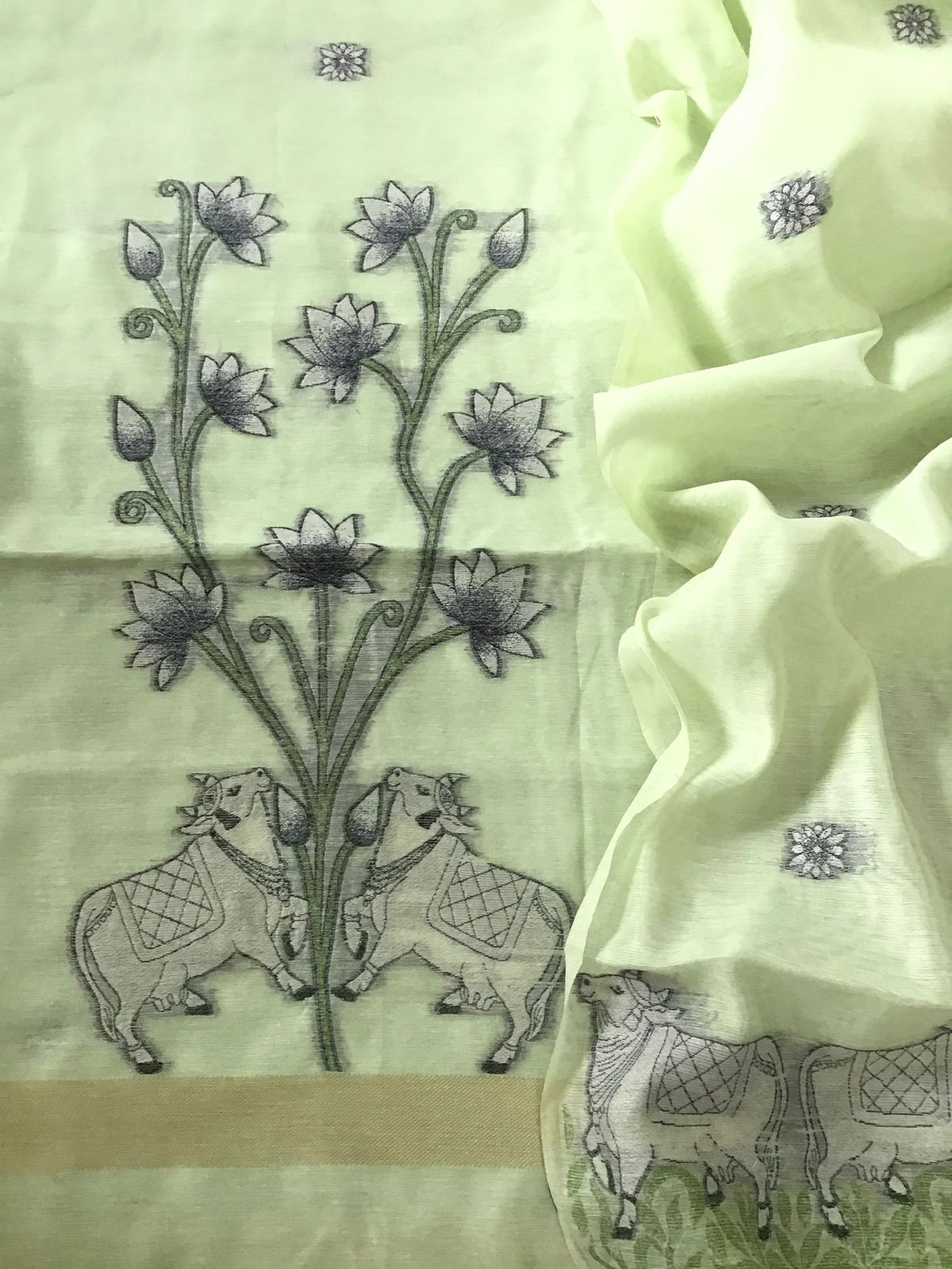 Soft Slub Chanderi -Jamdani Weaved Suit - Green