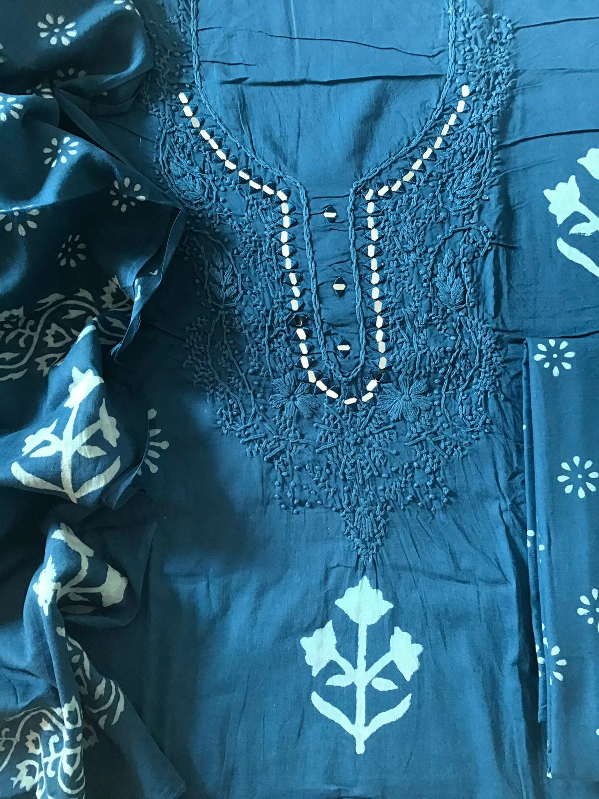 Pure Cotton Printed Embroidered Suit - Blue