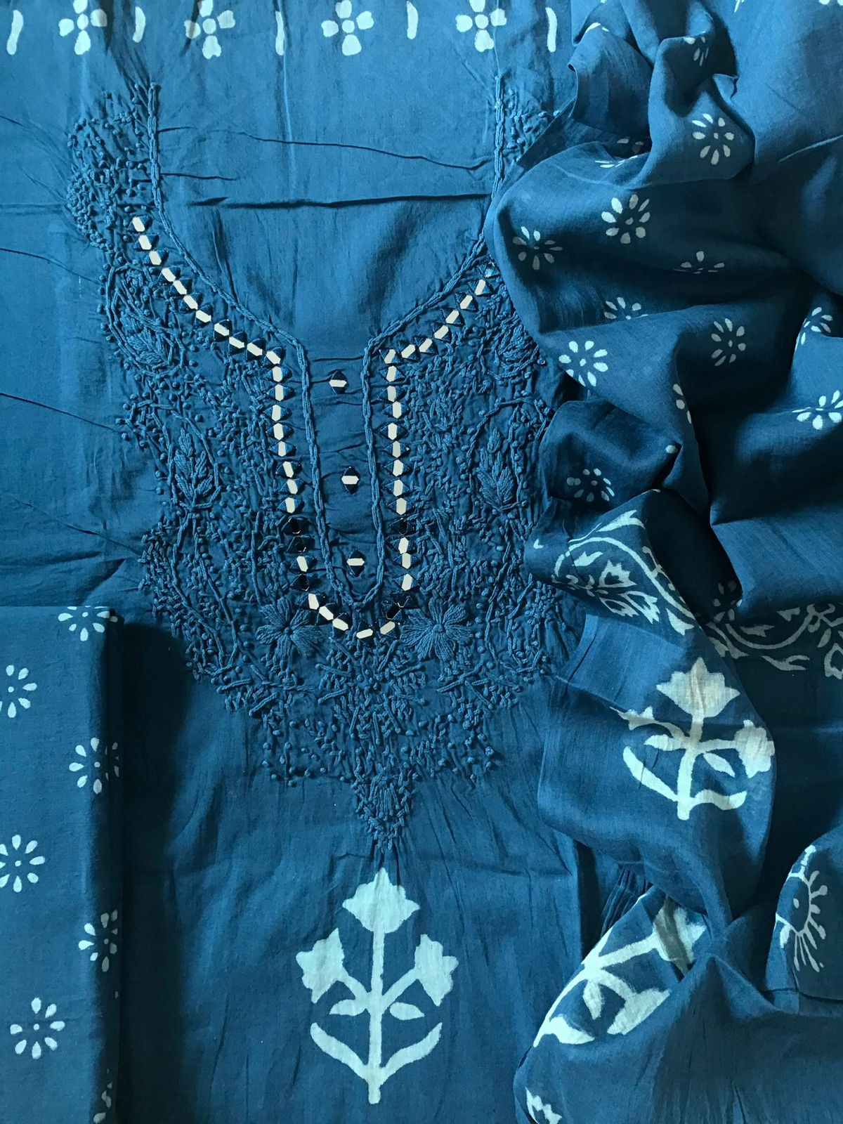 Pure Cotton Printed Embroidered Suit - Blue