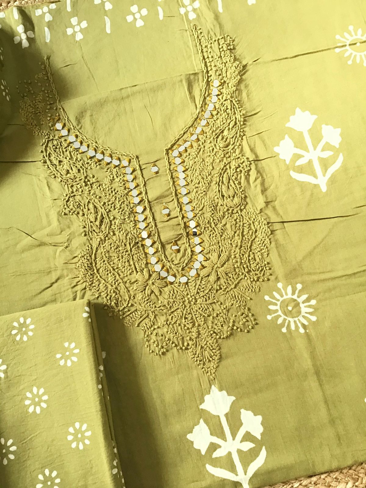 Pure Cotton Printed Embroidered Suit - Mehandi Green