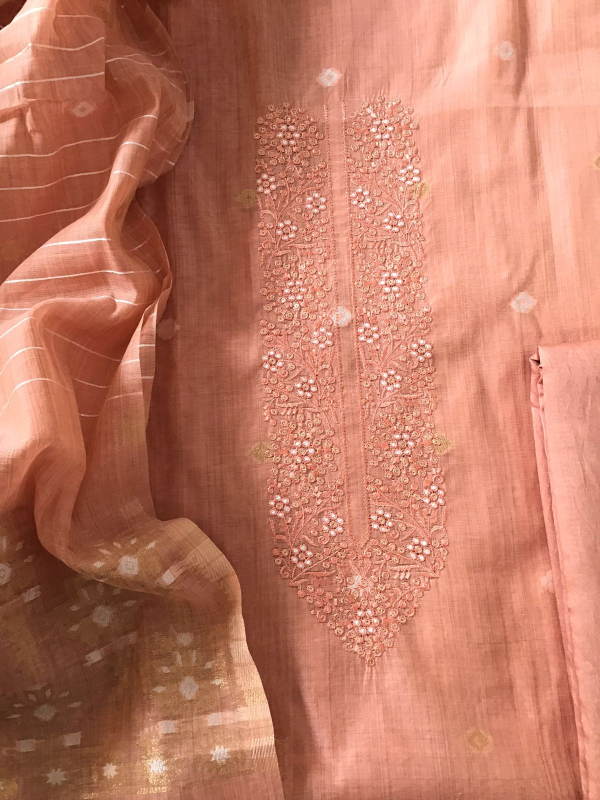 Soft Slub Chanderi Jamdani Weaved Embroidered Suit - Peach