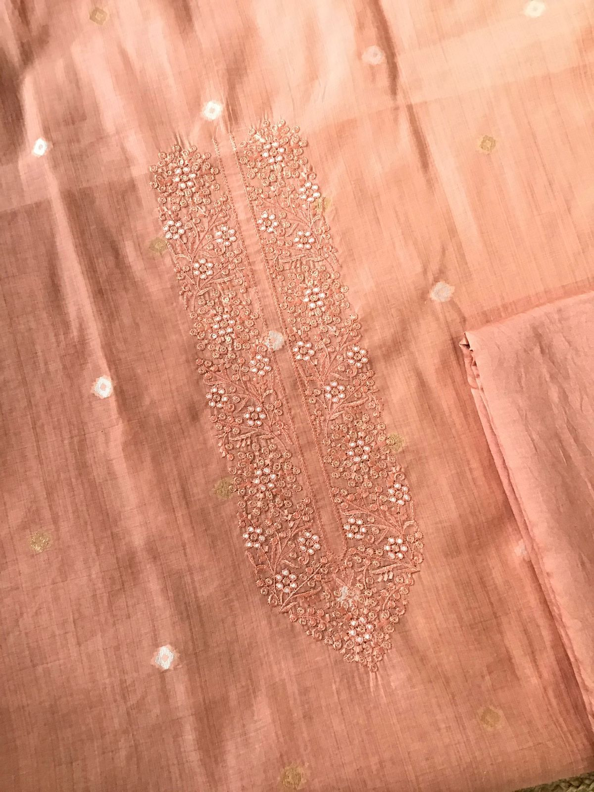 Soft Slub Chanderi Jamdani Weaved Embroidered Suit - Peach