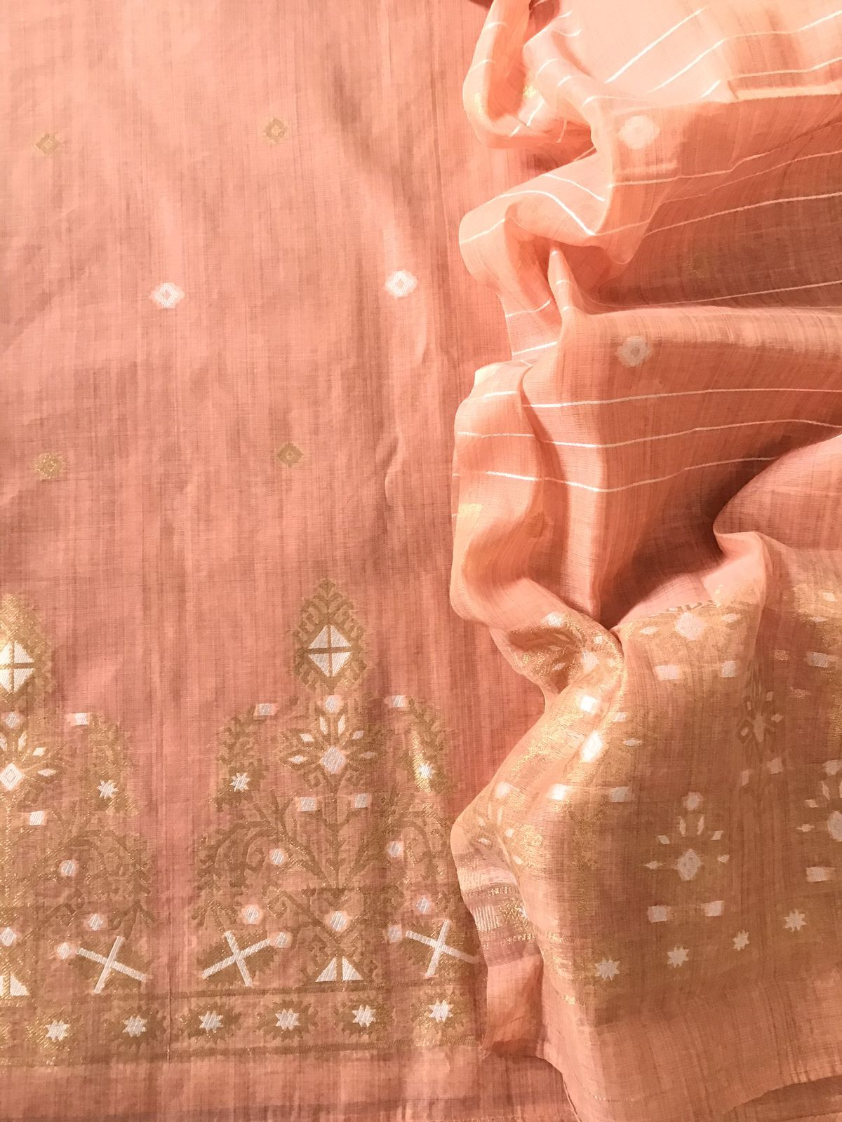 Soft Slub Chanderi Jamdani Weaved Embroidered Suit - Peach