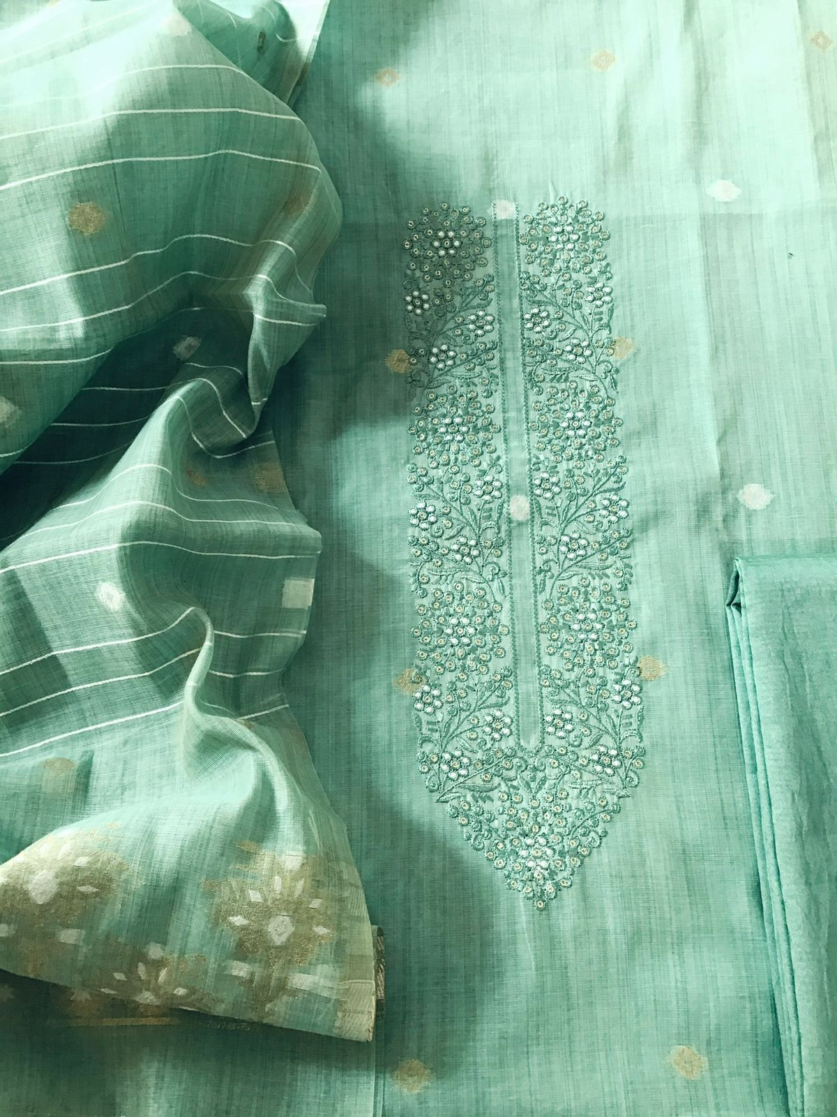 Soft Slub Chanderi Jamdani Weaved Embroidered Suit - Sea Blue