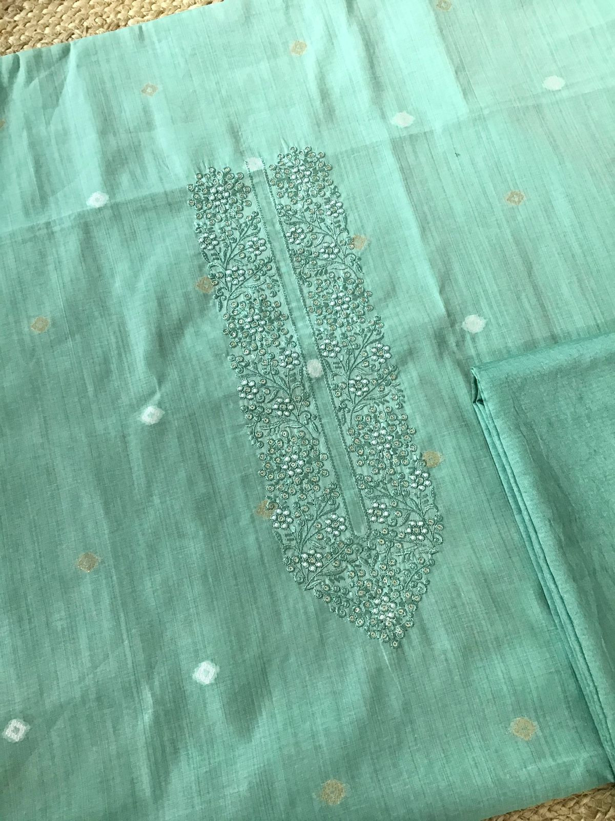 Soft Slub Chanderi Jamdani Weaved Embroidered Suit - Sea Blue