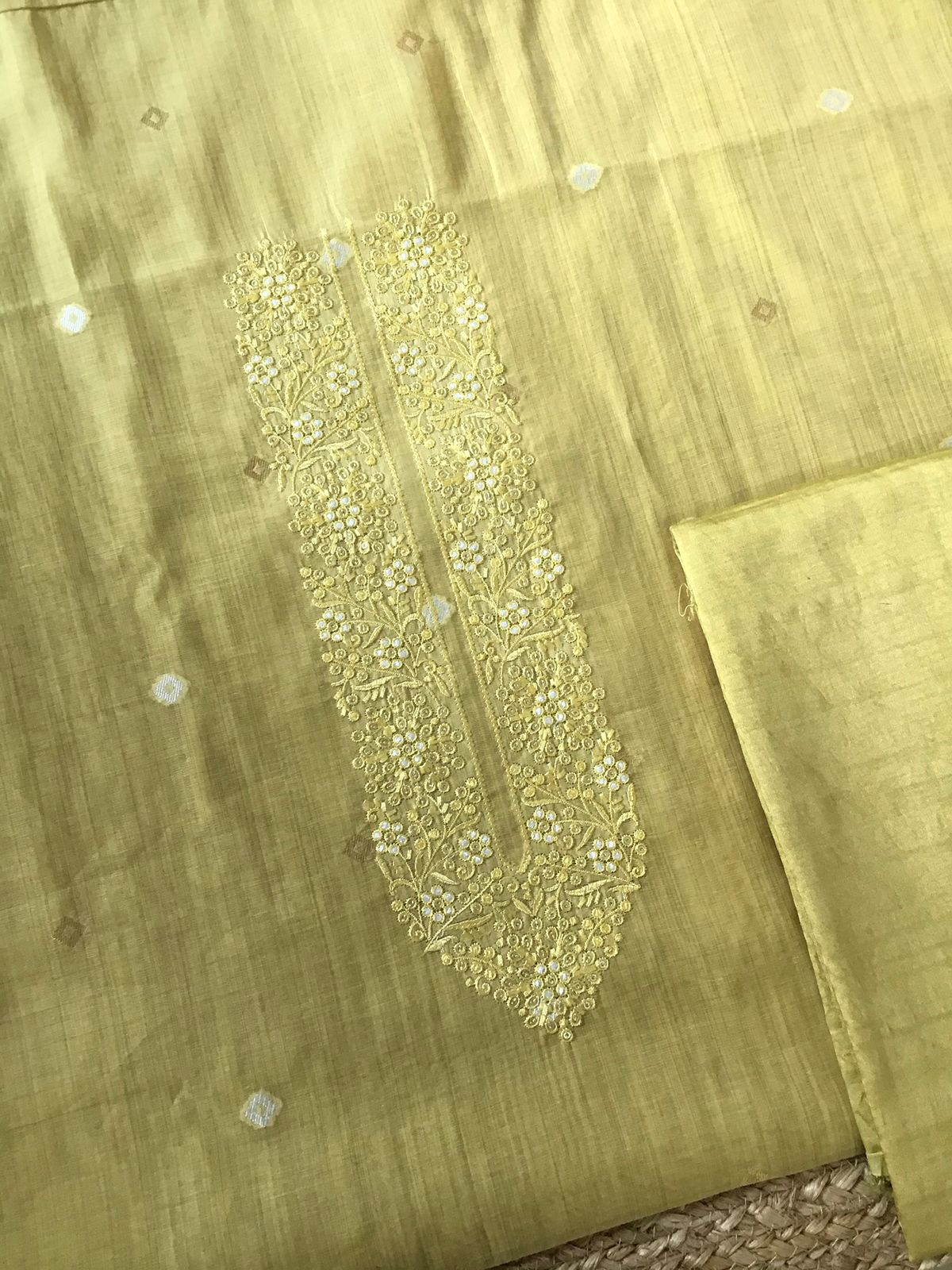 Soft Slub Chanderi Jamdani Weaved Embroidered Suit - Yellow