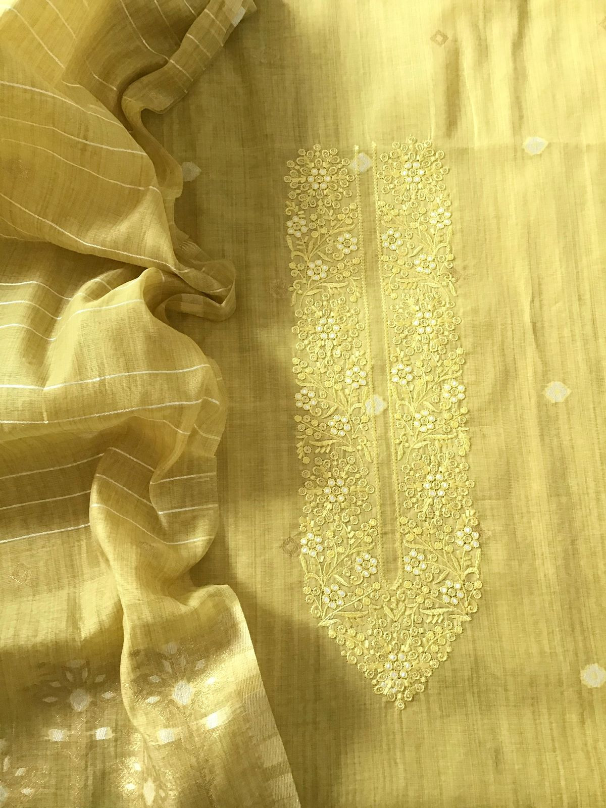 Soft Slub Chanderi Jamdani Weaved Embroidered Suit - Yellow
