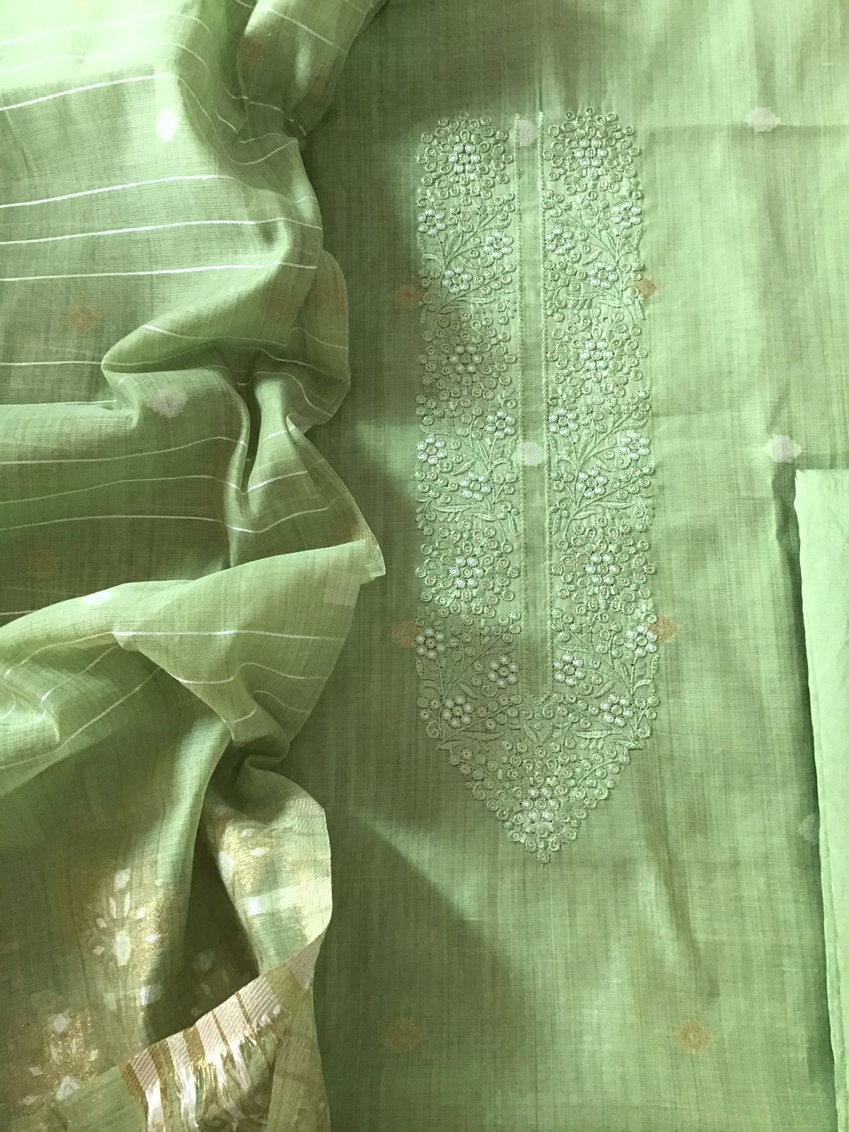 Soft Slub Chanderi Jamdani Weaved Embroidered Suit - Green