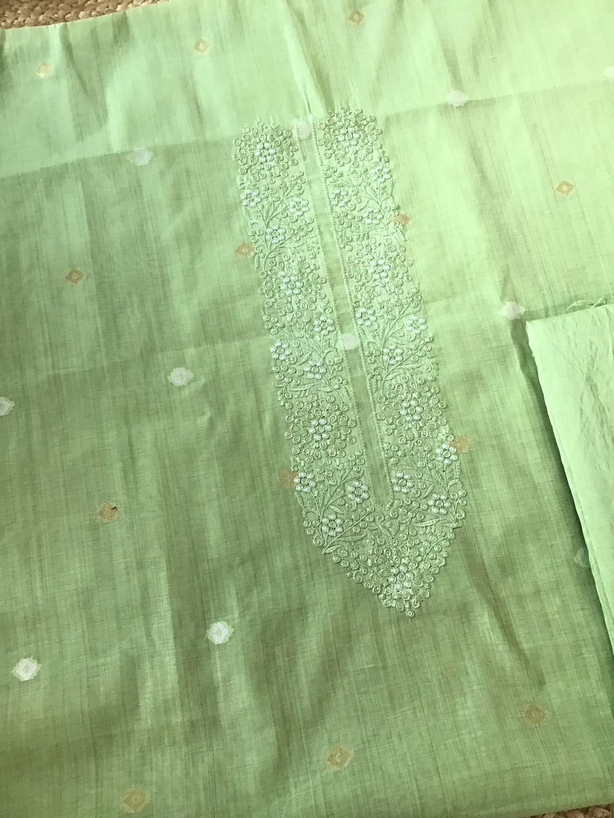 Soft Slub Chanderi Jamdani Weaved Embroidered Suit - Green