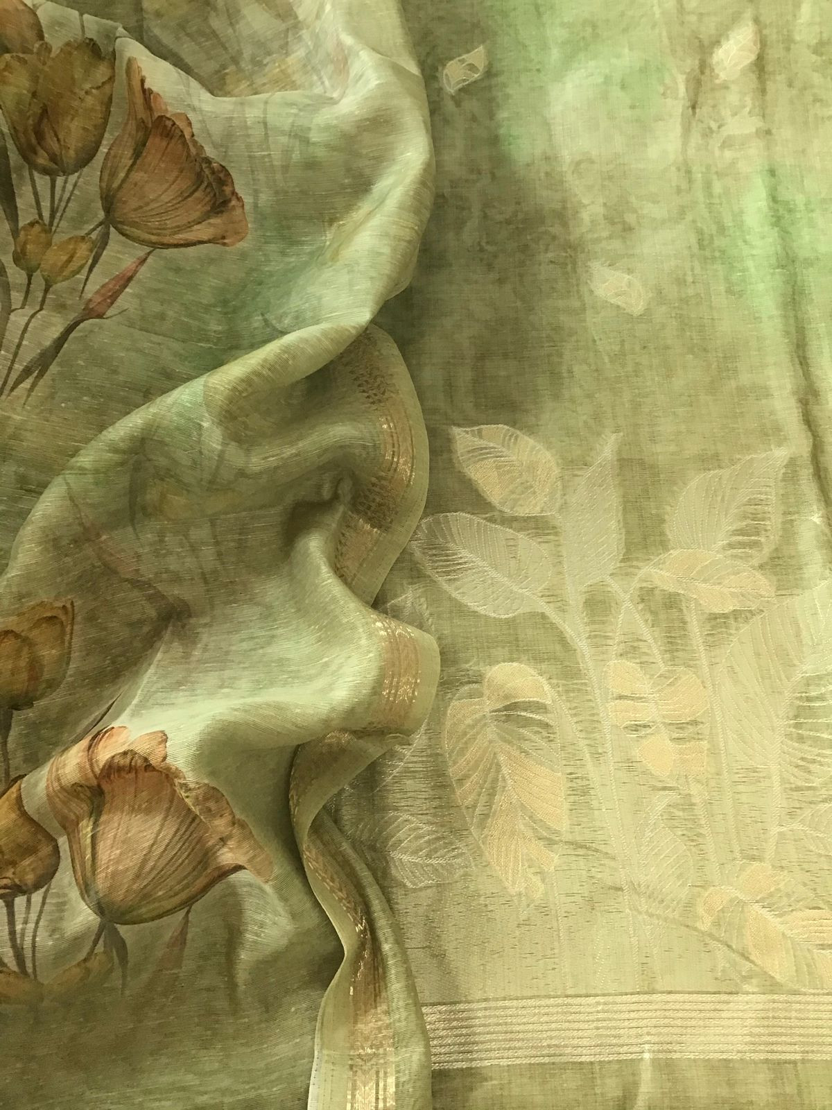 Soft Kora Chanderi Printed Jamdani Weaved Suit - Green