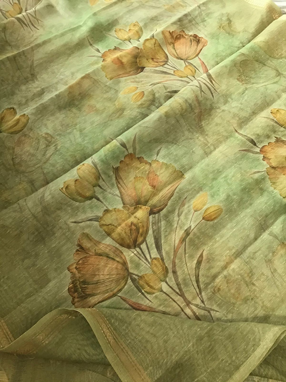 Soft Kora Chanderi Printed Jamdani Weaved Suit - Green