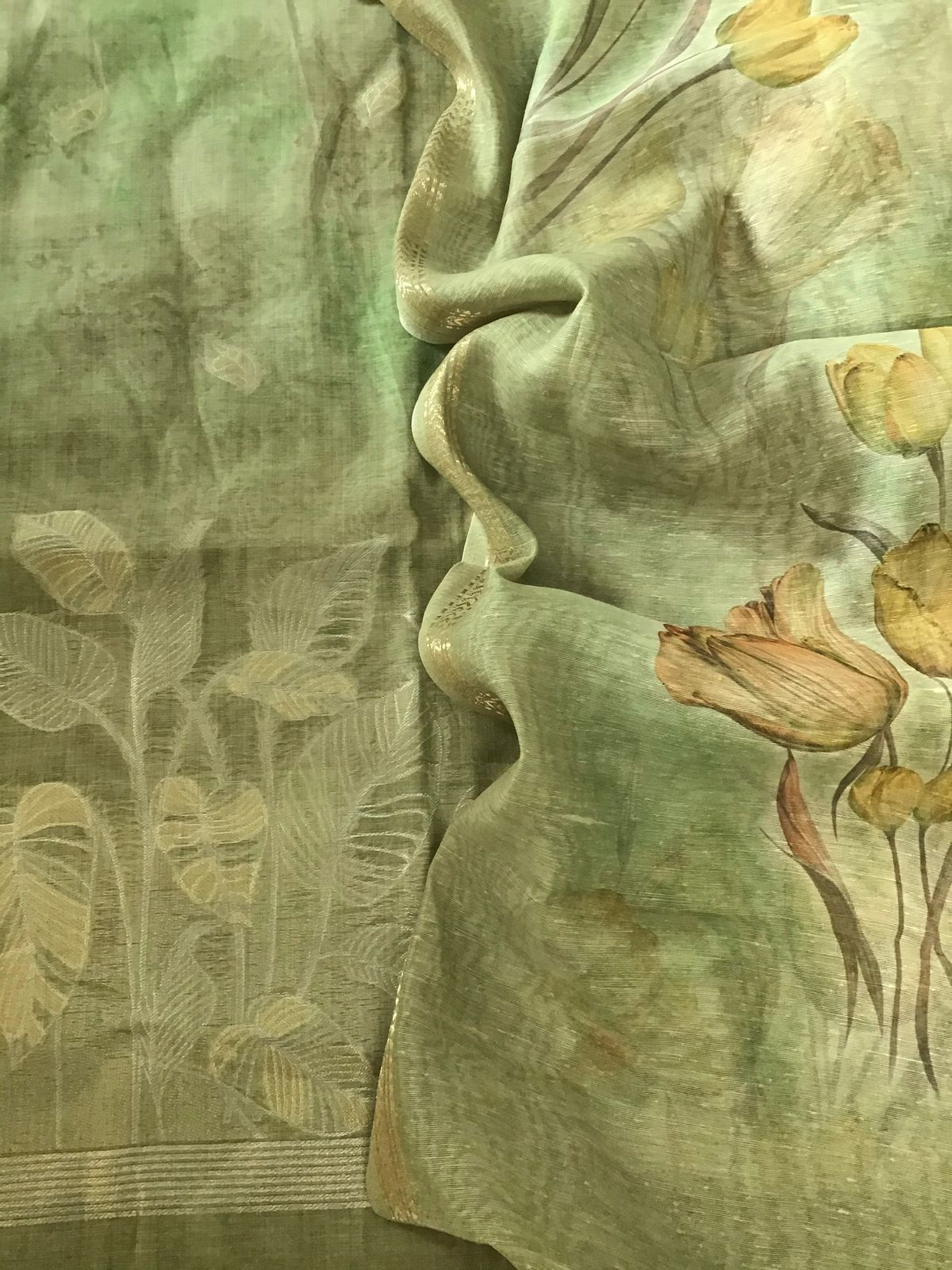 Soft Kora Chanderi Printed Jamdani Weaved Suit - Green