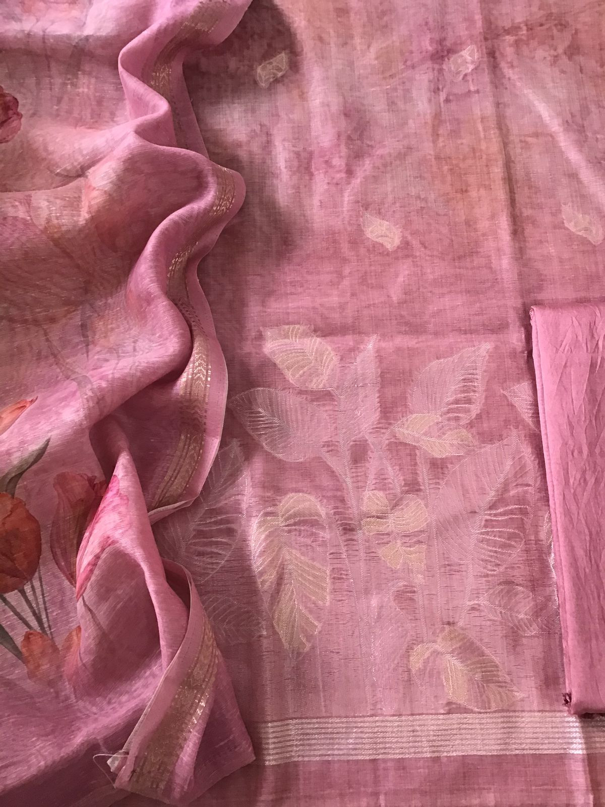 Soft Kora Chanderi Printed Jamdani Weaved Suit - Pink