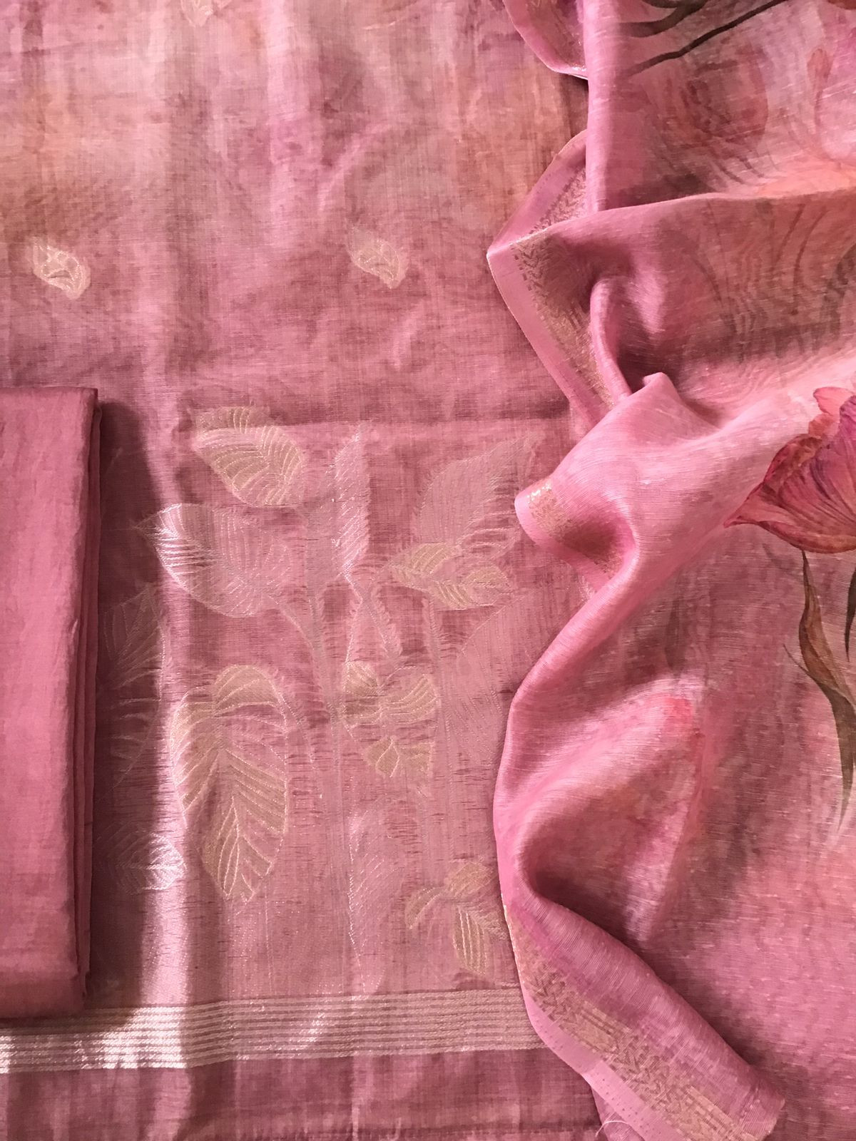 Soft Kora Chanderi Printed Jamdani Weaved Suit - Pink