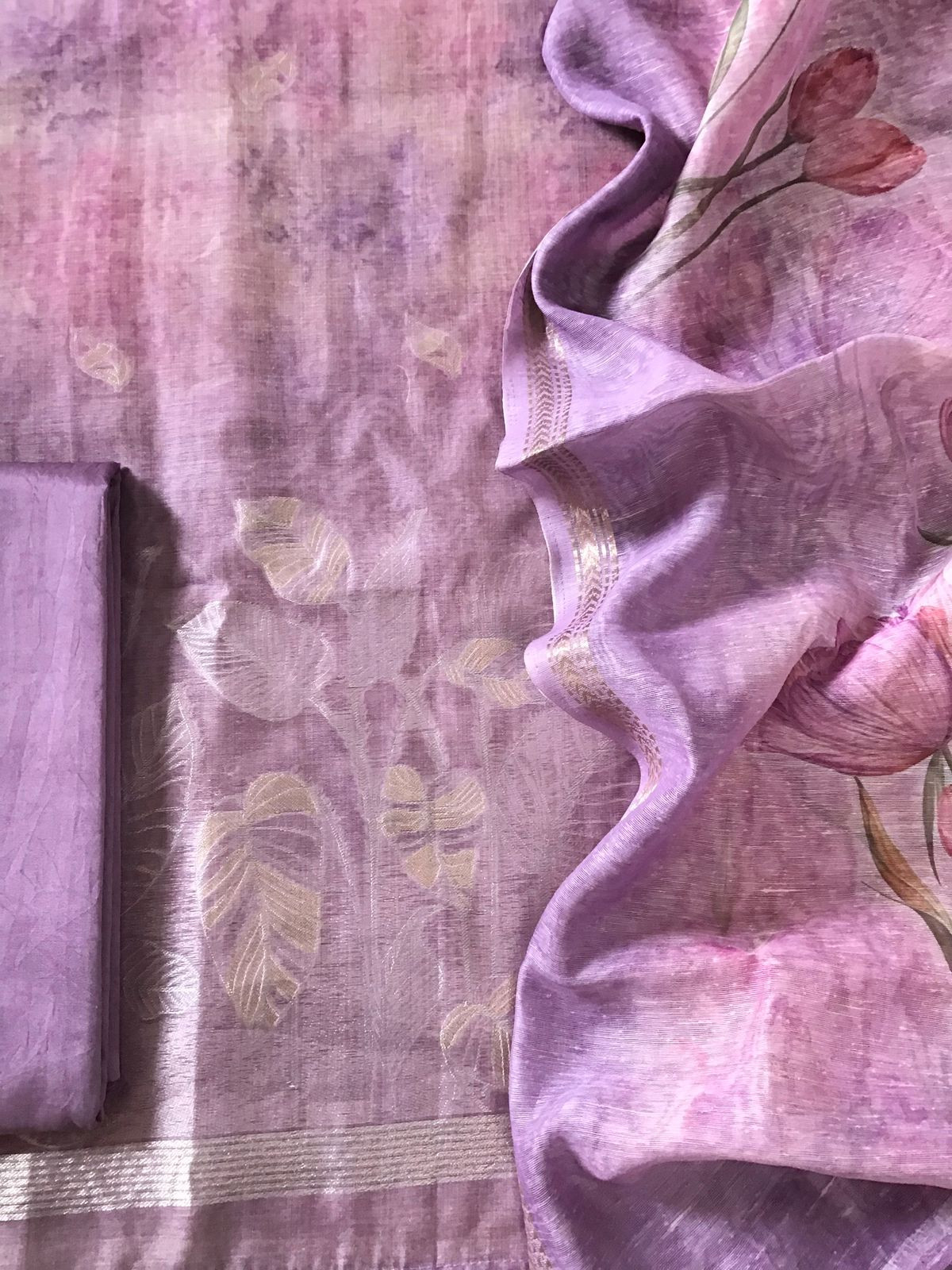 Soft Kora Chanderi Printed Jamdani Weaved Suit - Purple