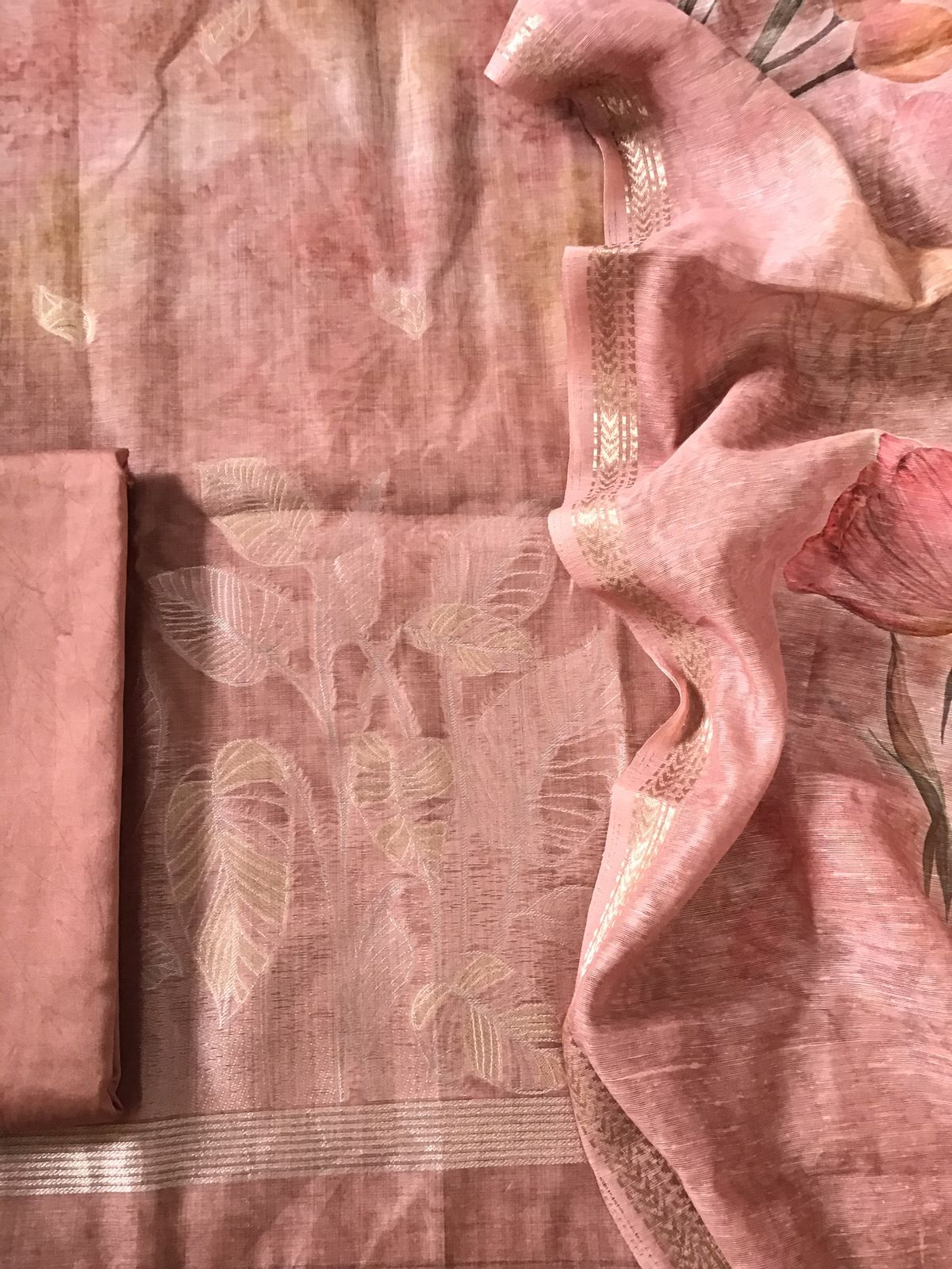 Soft Kora Chanderi Printed Jamdani Weaved Suit - Peach