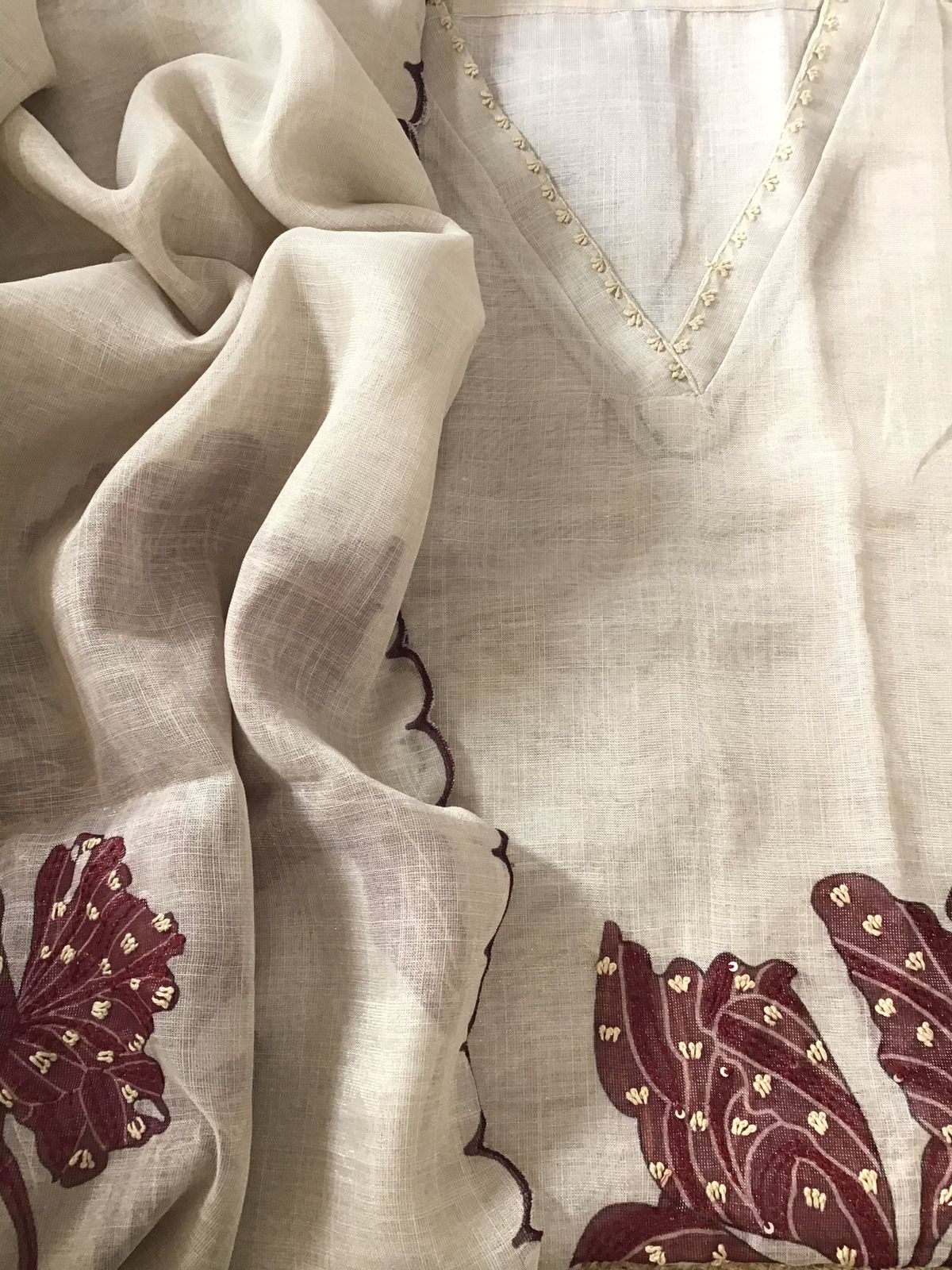 Soft Tissue Slub Cotton Printed Embroidered Suit - Cream