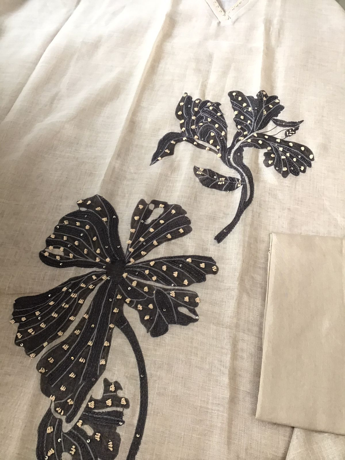 Soft Tissue Slub Cotton Printed Embroidered Suit - Cream