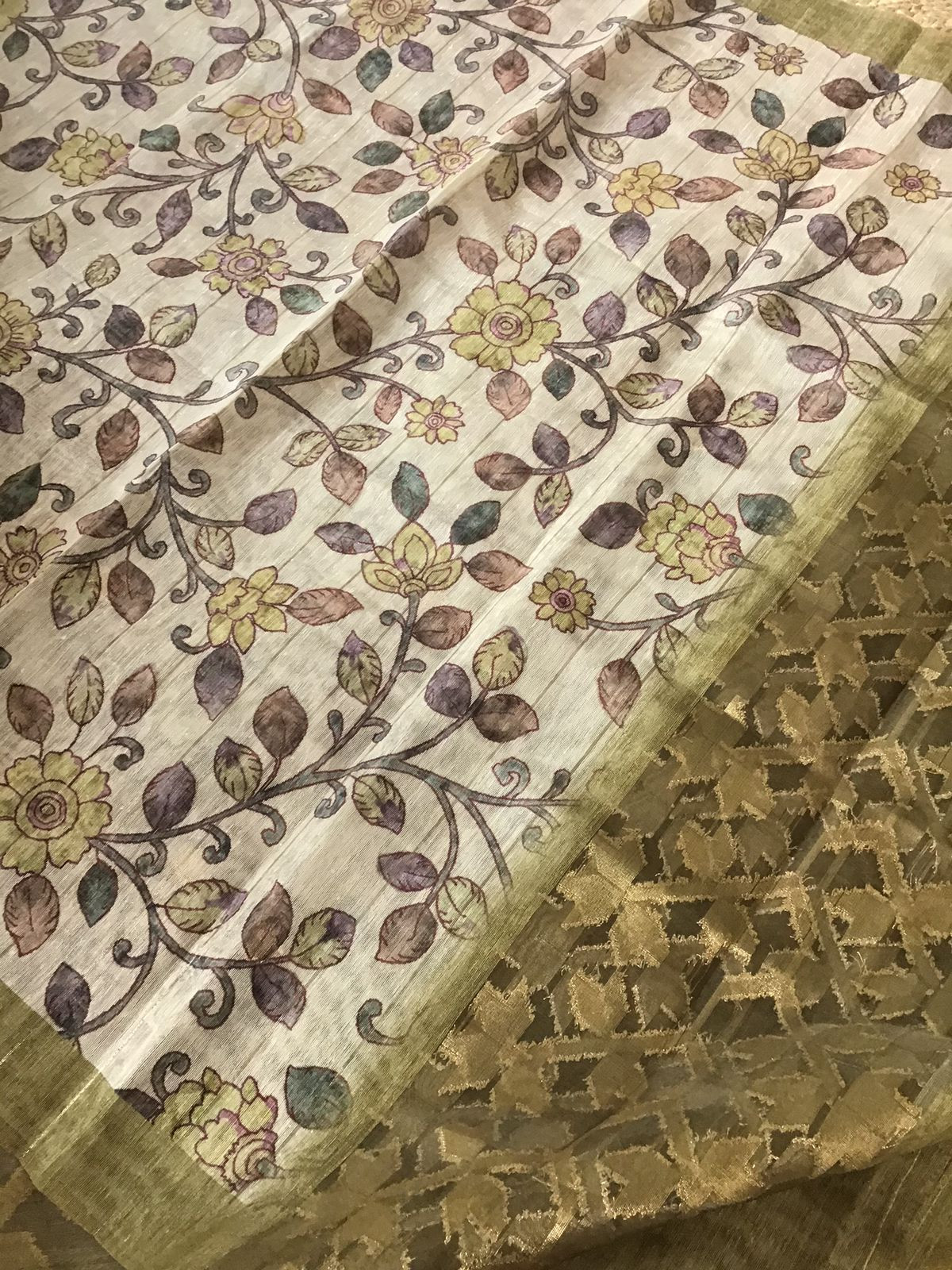 Soft Semi Geecha Tussar Silk Printed Banarasi Weaved Suit - Mehandi Green