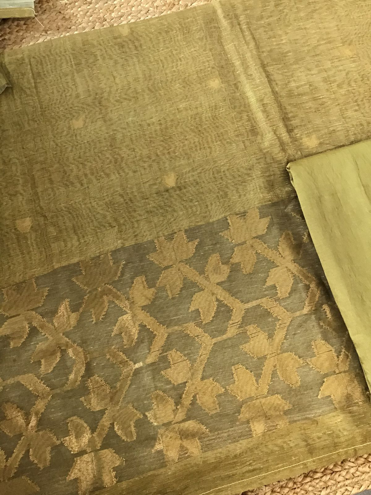 Soft Semi Geecha Tussar Silk Printed Banarasi Weaved Suit - Mehandi Green