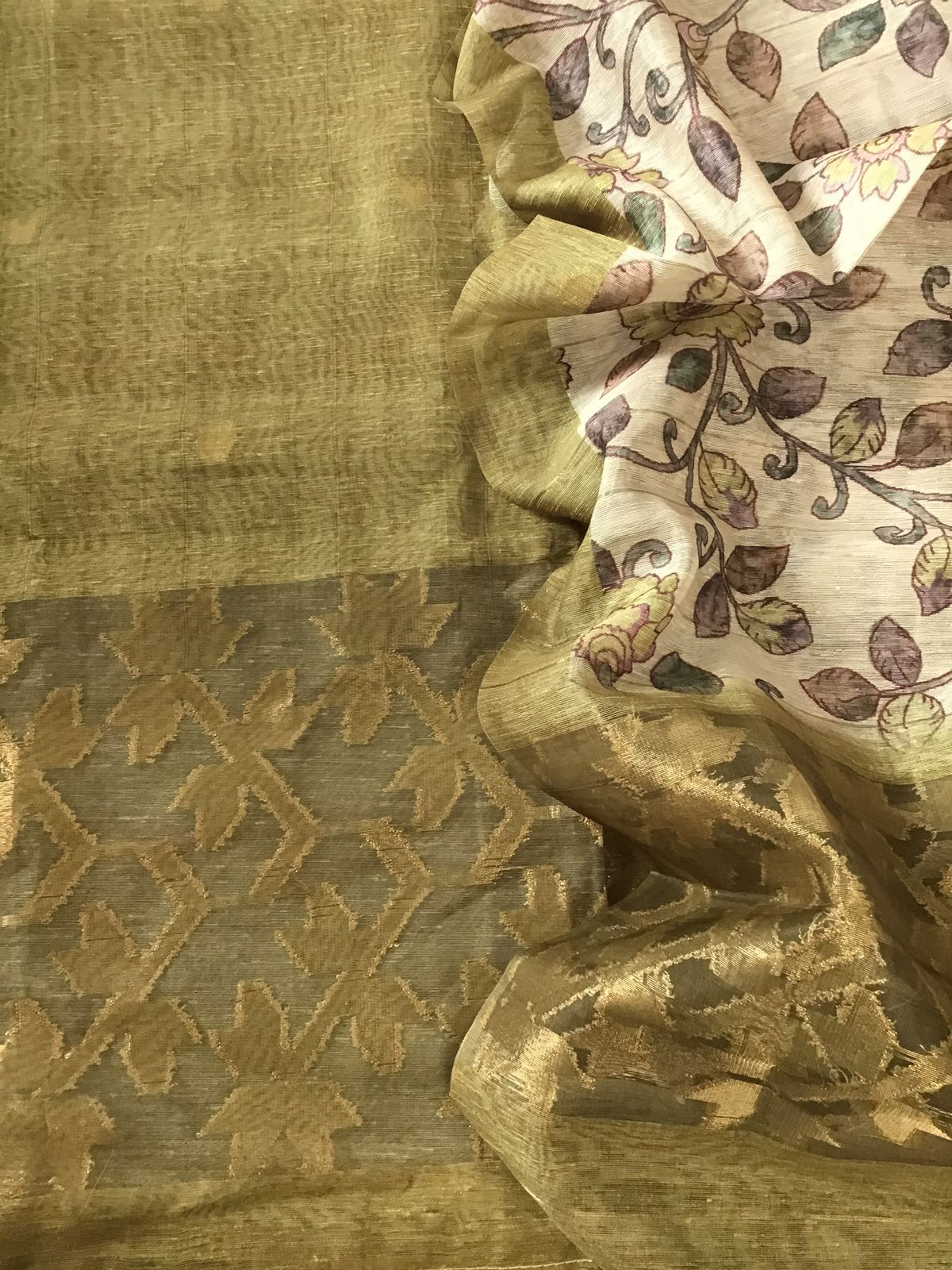 Soft Semi Geecha Tussar Silk Printed Banarasi Weaved Suit - Mehandi Green