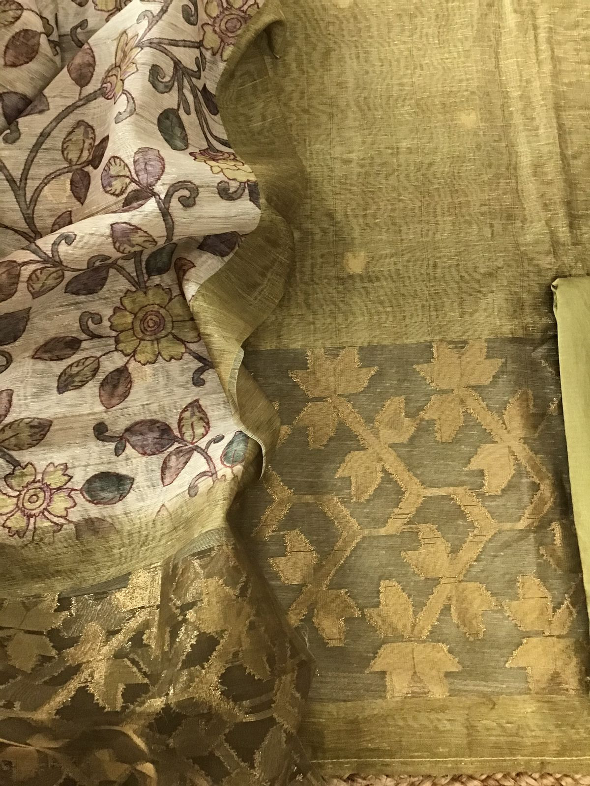 Soft Semi Geecha Tussar Silk Printed Banarasi Weaved Suit - Mehandi Green