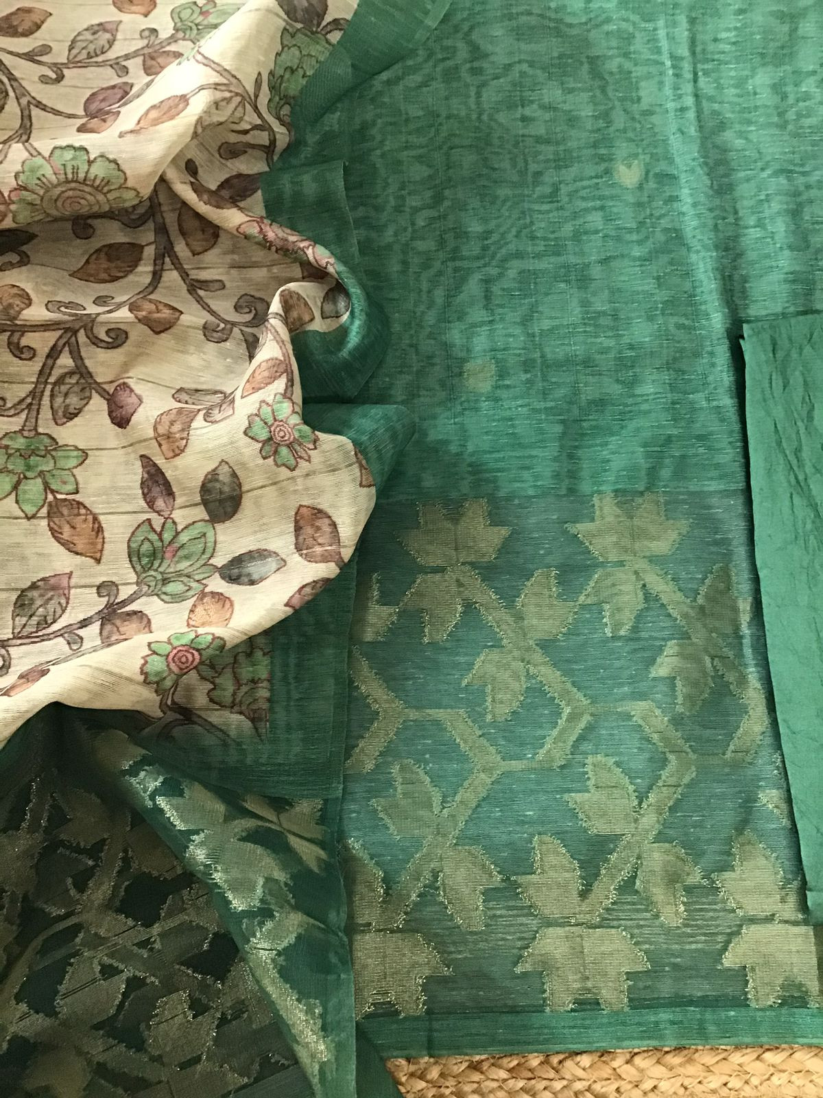 Soft Semi Geecha Tussar Silk Printed Banarasi Weaved Suit - Green