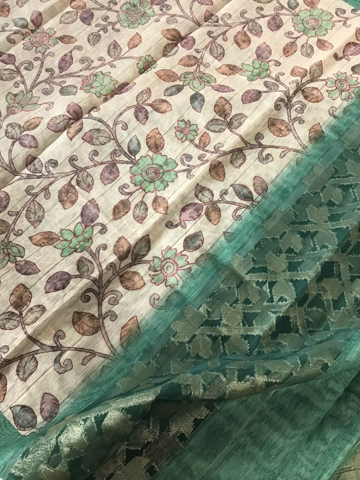 Soft Semi Geecha Tussar Silk Printed Banarasi Weaved Suit - Green