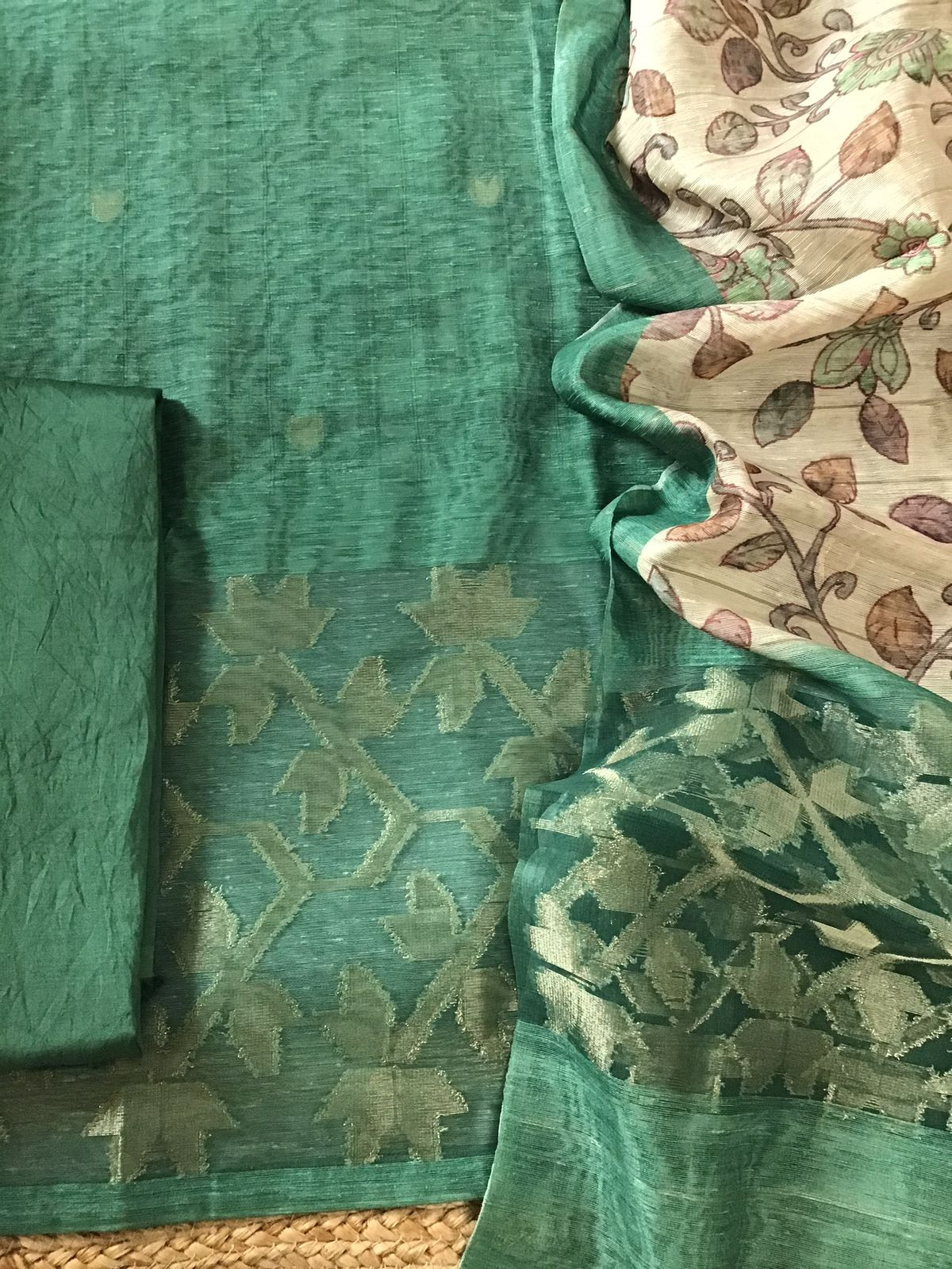 Soft Semi Geecha Tussar Silk Printed Banarasi Weaved Suit - Green