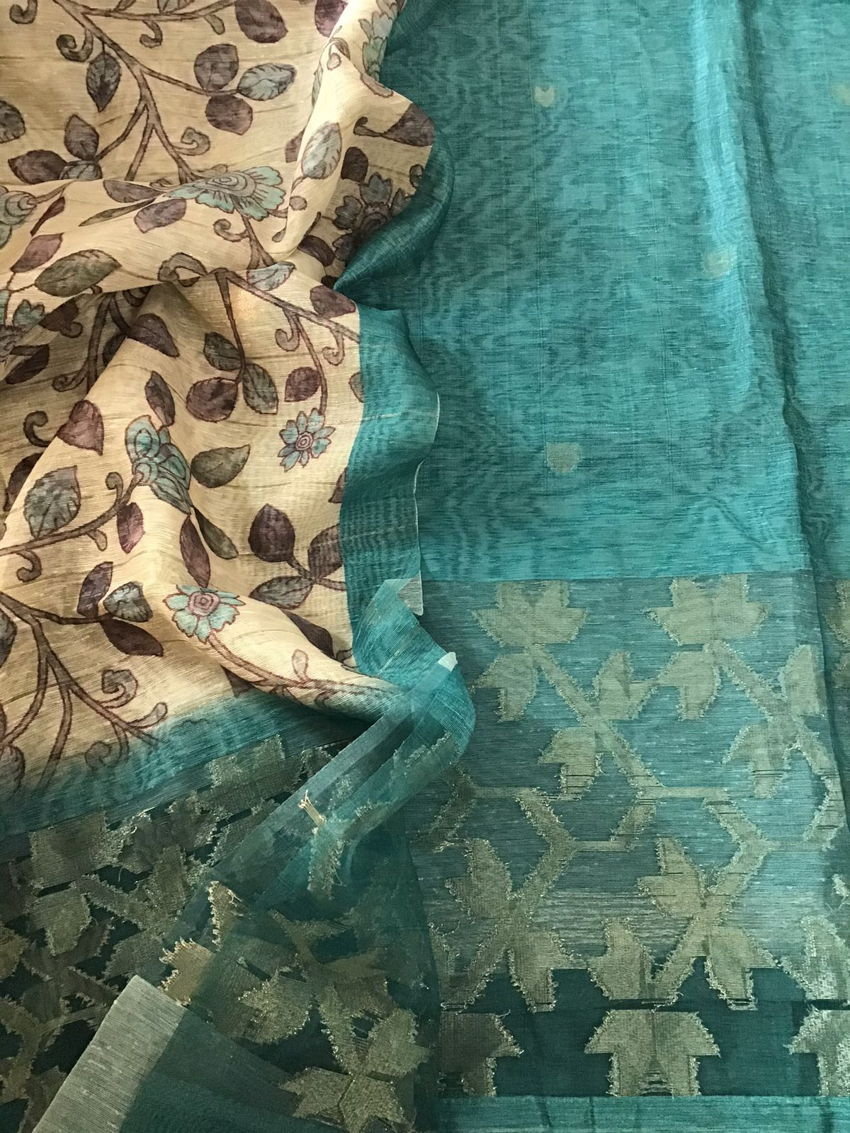 Soft Semi Geecha Tussar Silk Printed Banarasi Weaved Suit - Blue