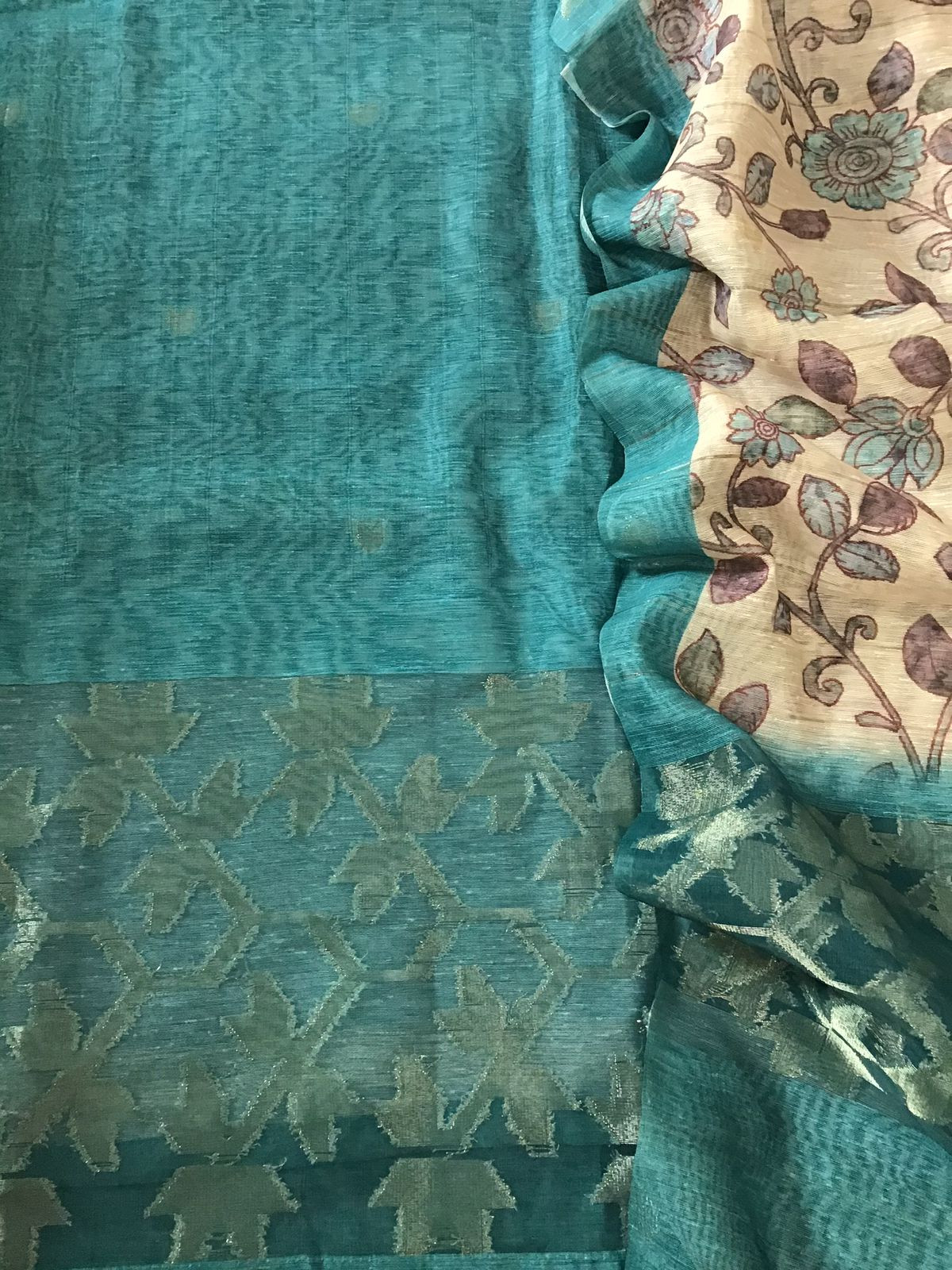 Soft Semi Geecha Tussar Silk Printed Banarasi Weaved Suit - Blue