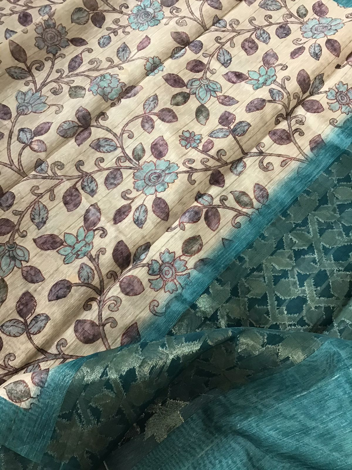 Soft Semi Geecha Tussar Silk Printed Banarasi Weaved Suit - Blue