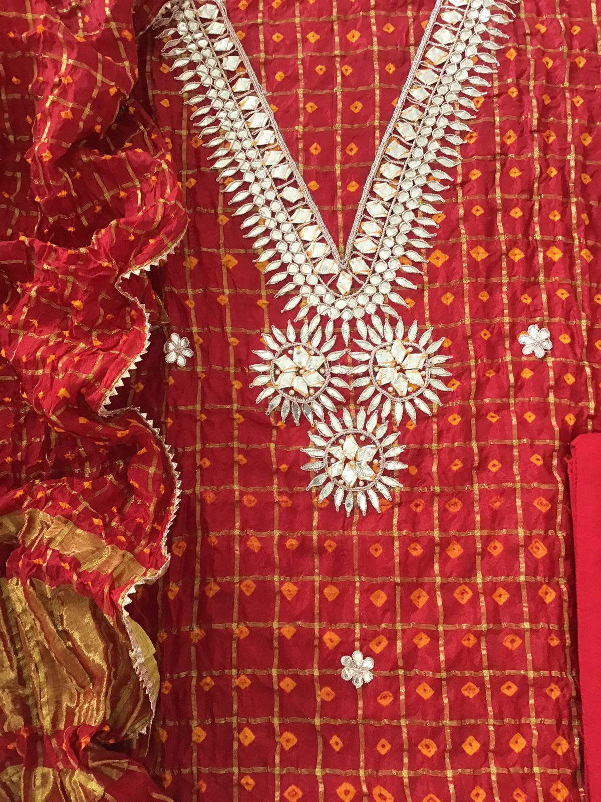 Soft Crushed Dola Silk Bandhani Printed Banarasi Weaved Suit - Red