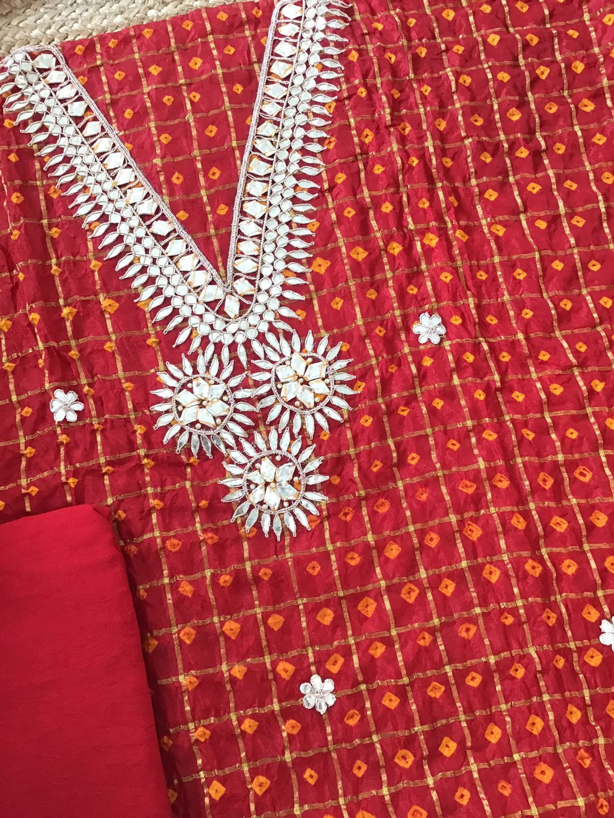 Soft Crushed Dola Silk Bandhani Printed Banarasi Weaved Suit - Red