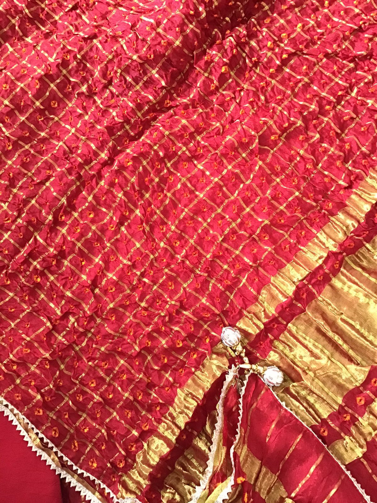 Soft Crushed Dola Silk Bandhani Printed Banarasi Weaved Suit - Red