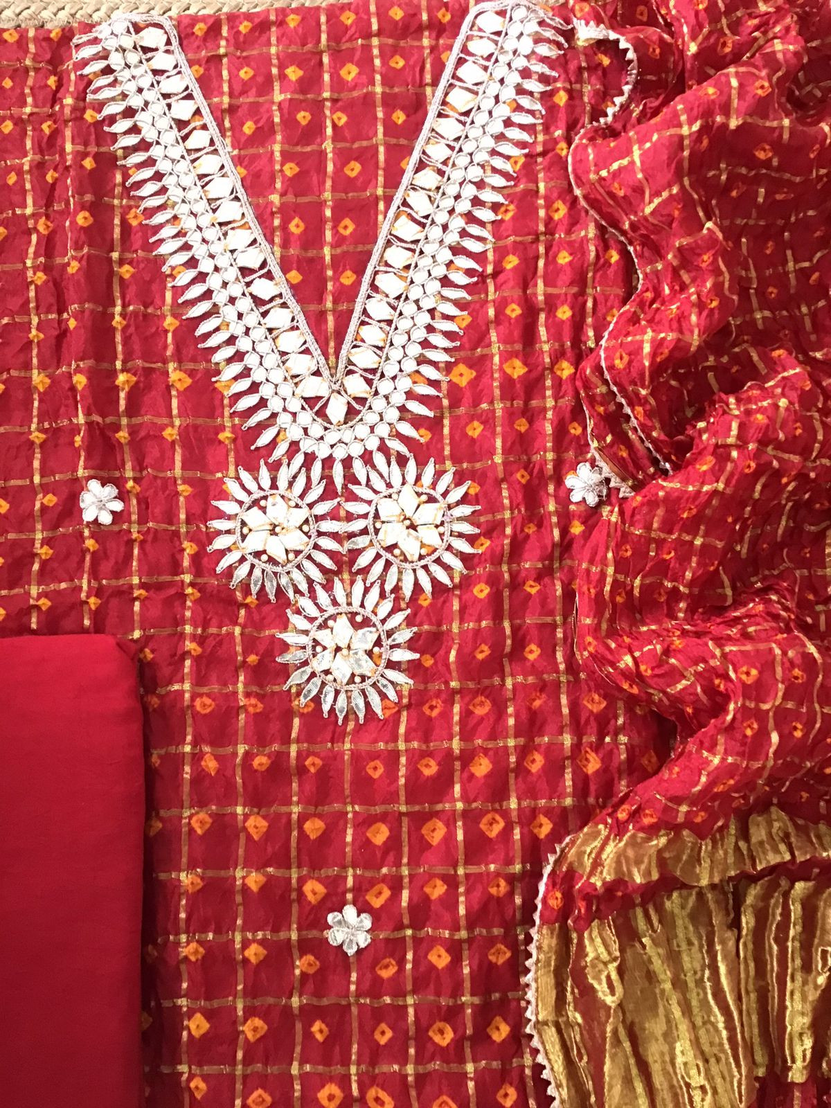 Soft Crushed Dola Silk Bandhani Printed Banarasi Weaved Suit - Red