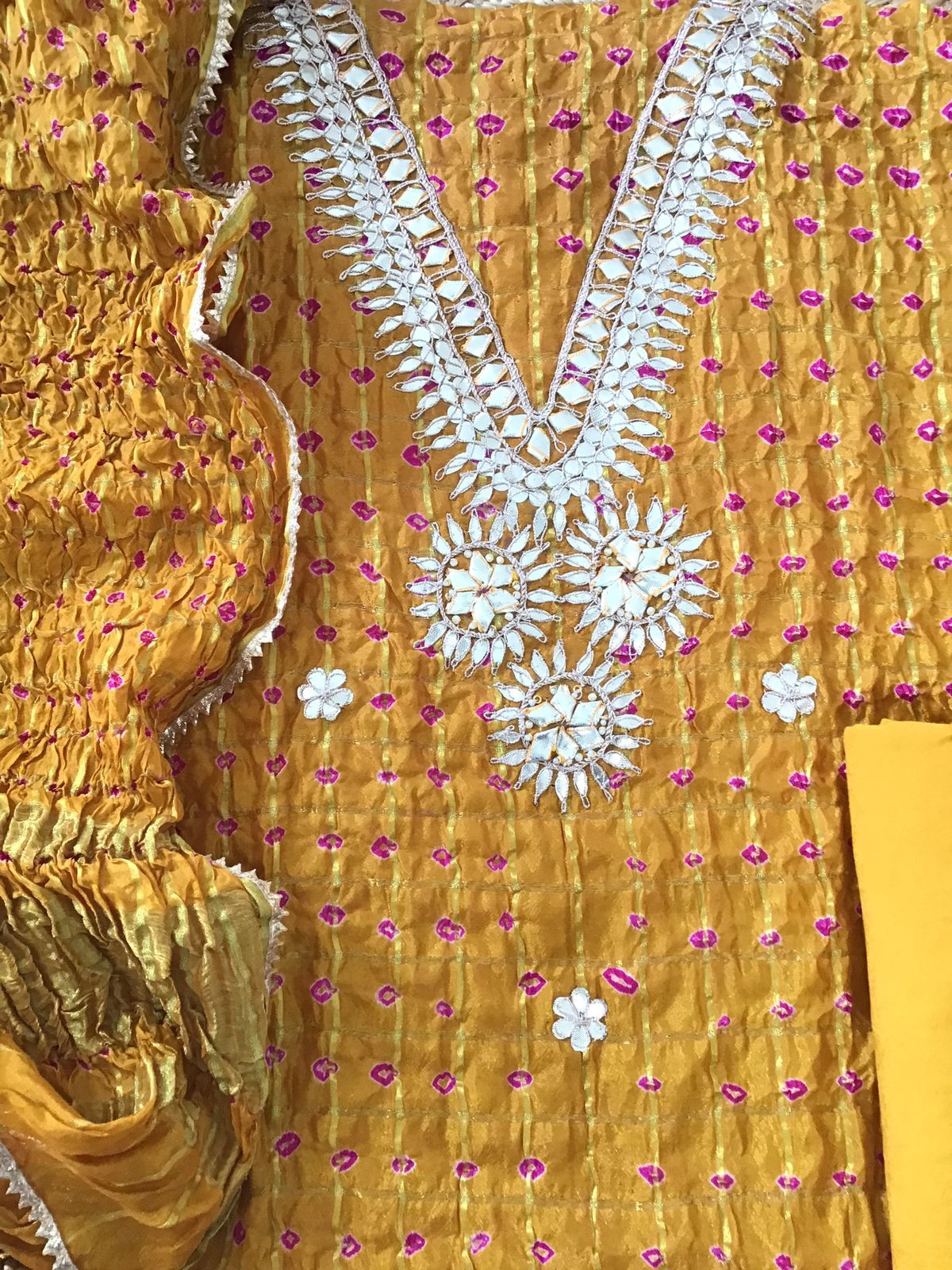 Soft Crushed Dola Silk Bandhani Printed Banarasi Weaved Suit - Yellow