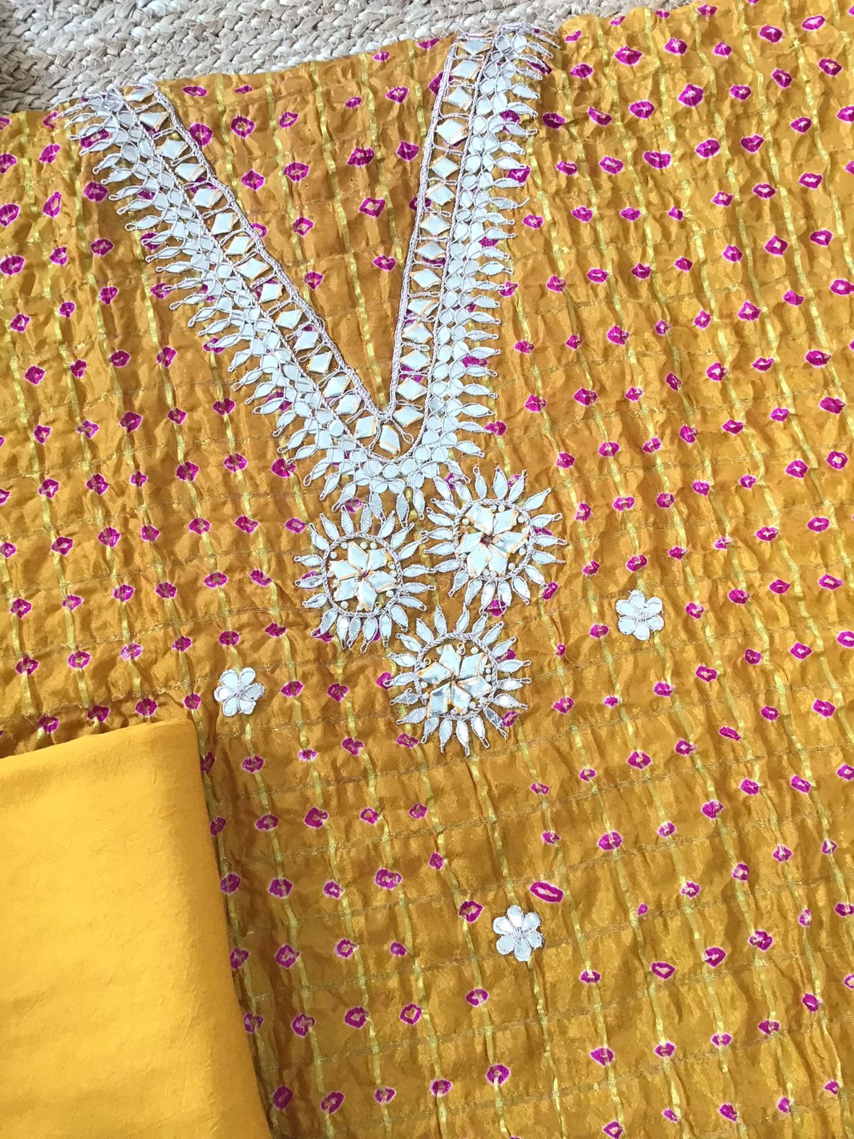 Soft Crushed Dola Silk Bandhani Printed Banarasi Weaved Suit - Yellow